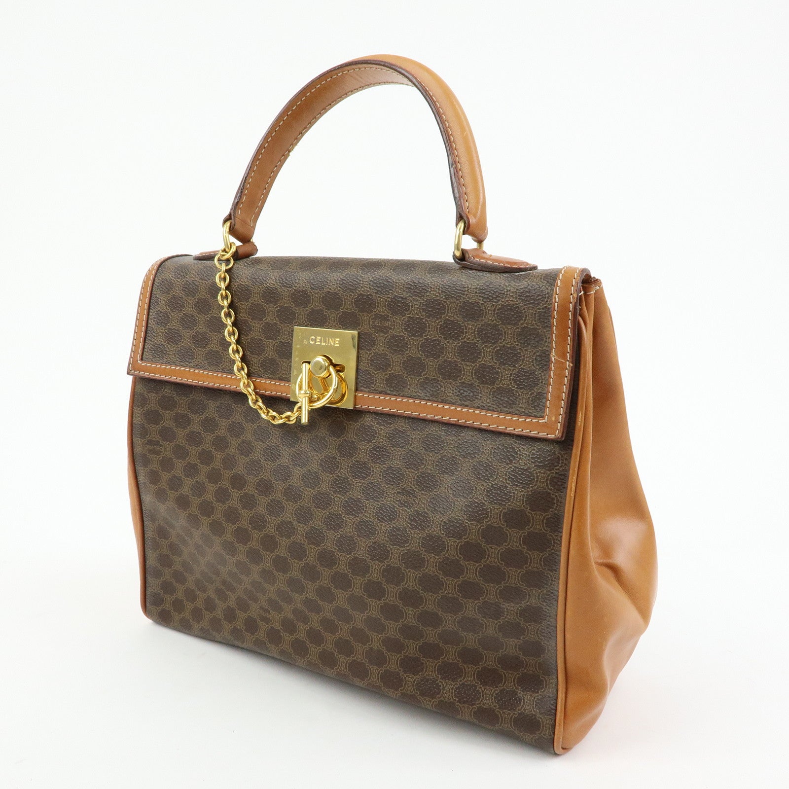 CELINE Macadam PVC Leather Hand Bag Top Handle Flap Bag Brown