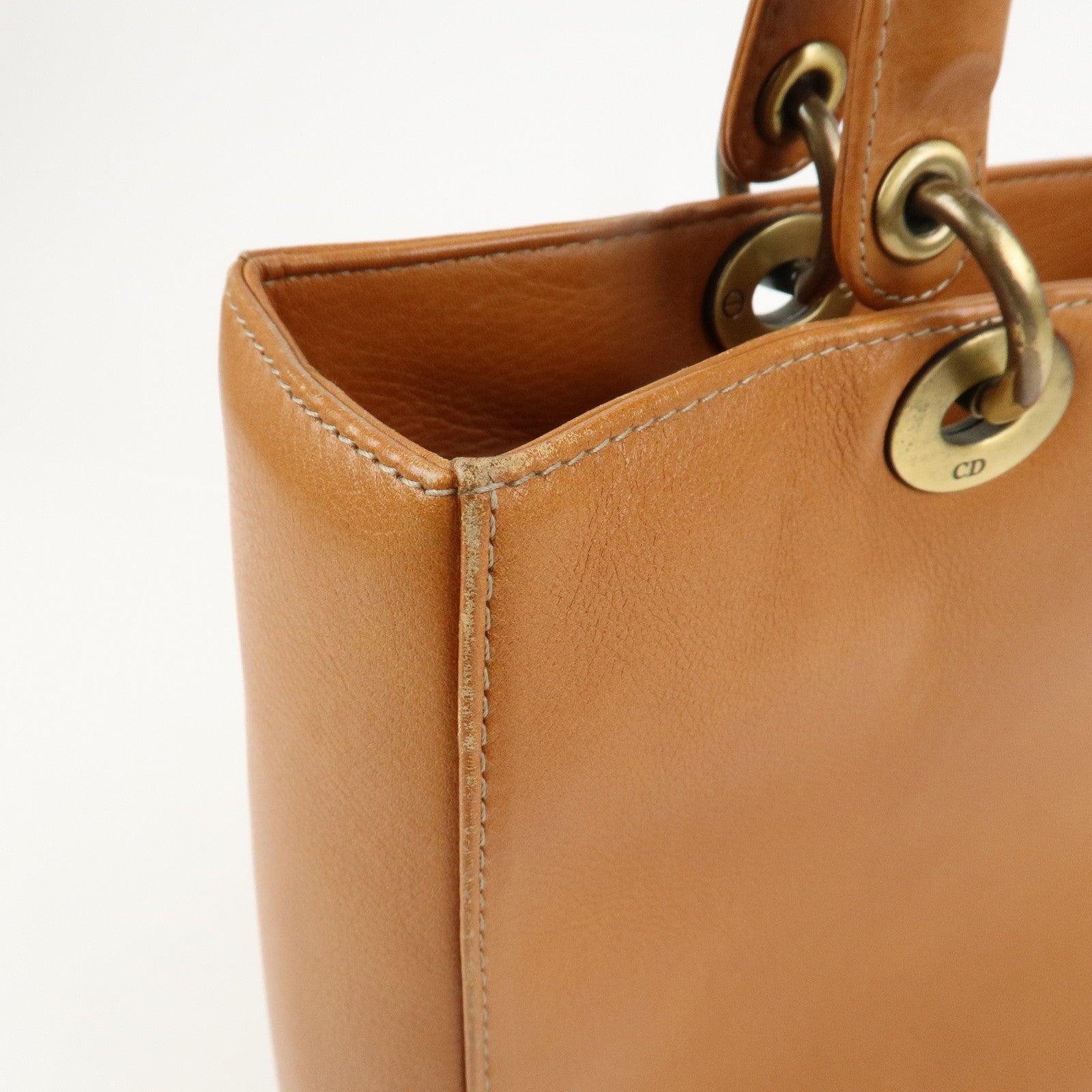 Christian Dior Lady Dior Leather Tote Bag Hand Bag Brown Gold