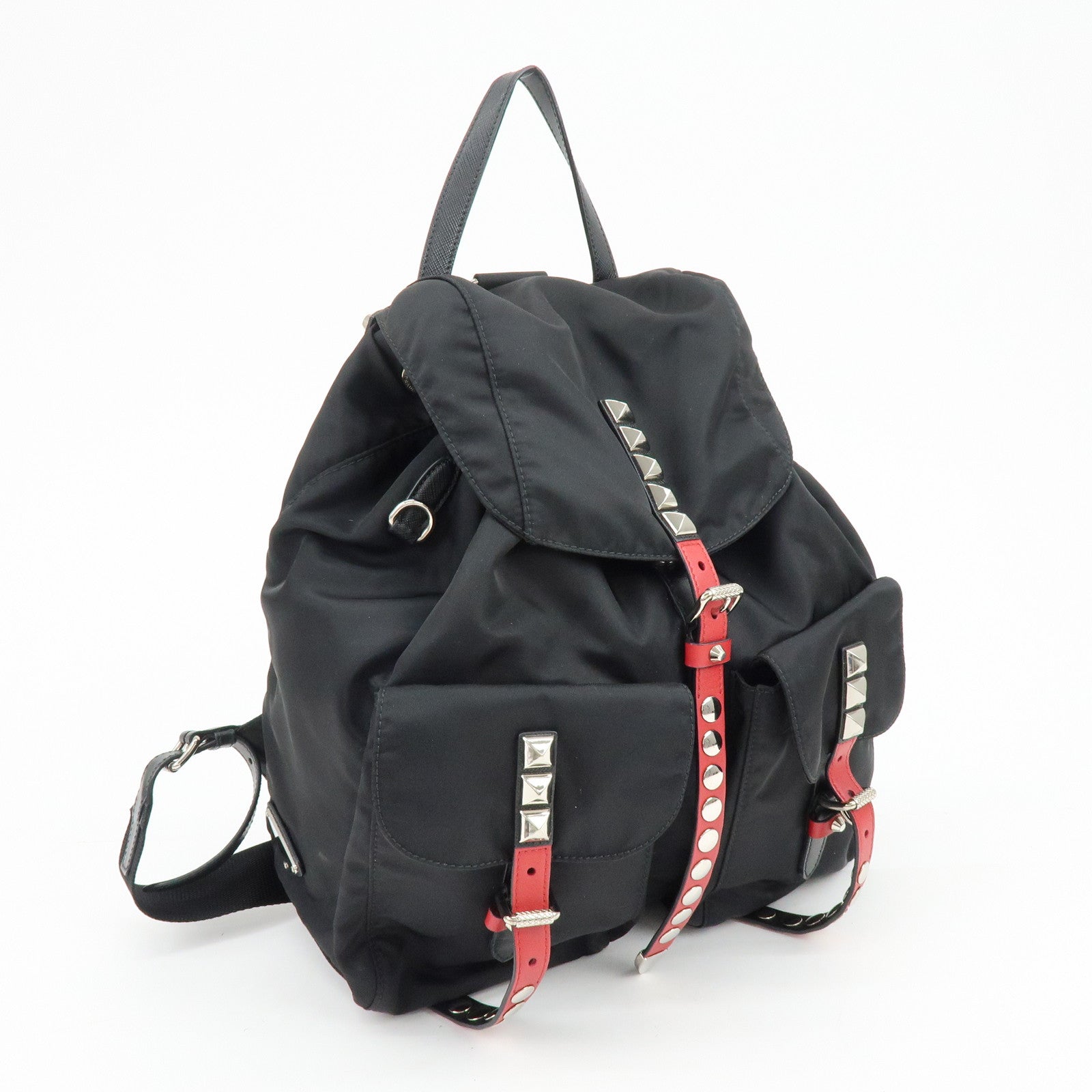 PRADA Triangle Logo Nylon Leather Backpack Studs Black Red1BZ811