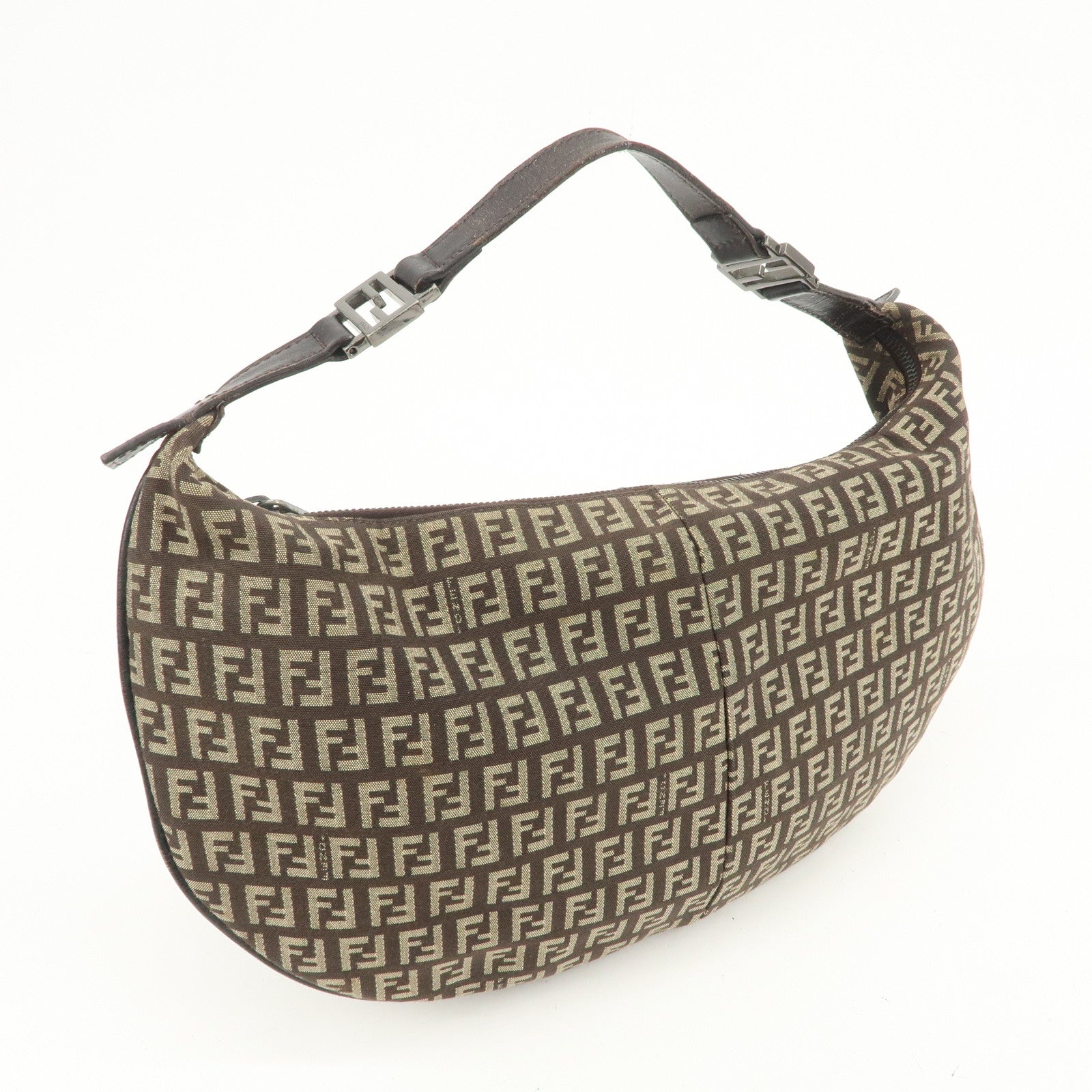 FENDI Zucchino Canvas Leather Hand Bag Shoulder Bag Brown 8BR441
