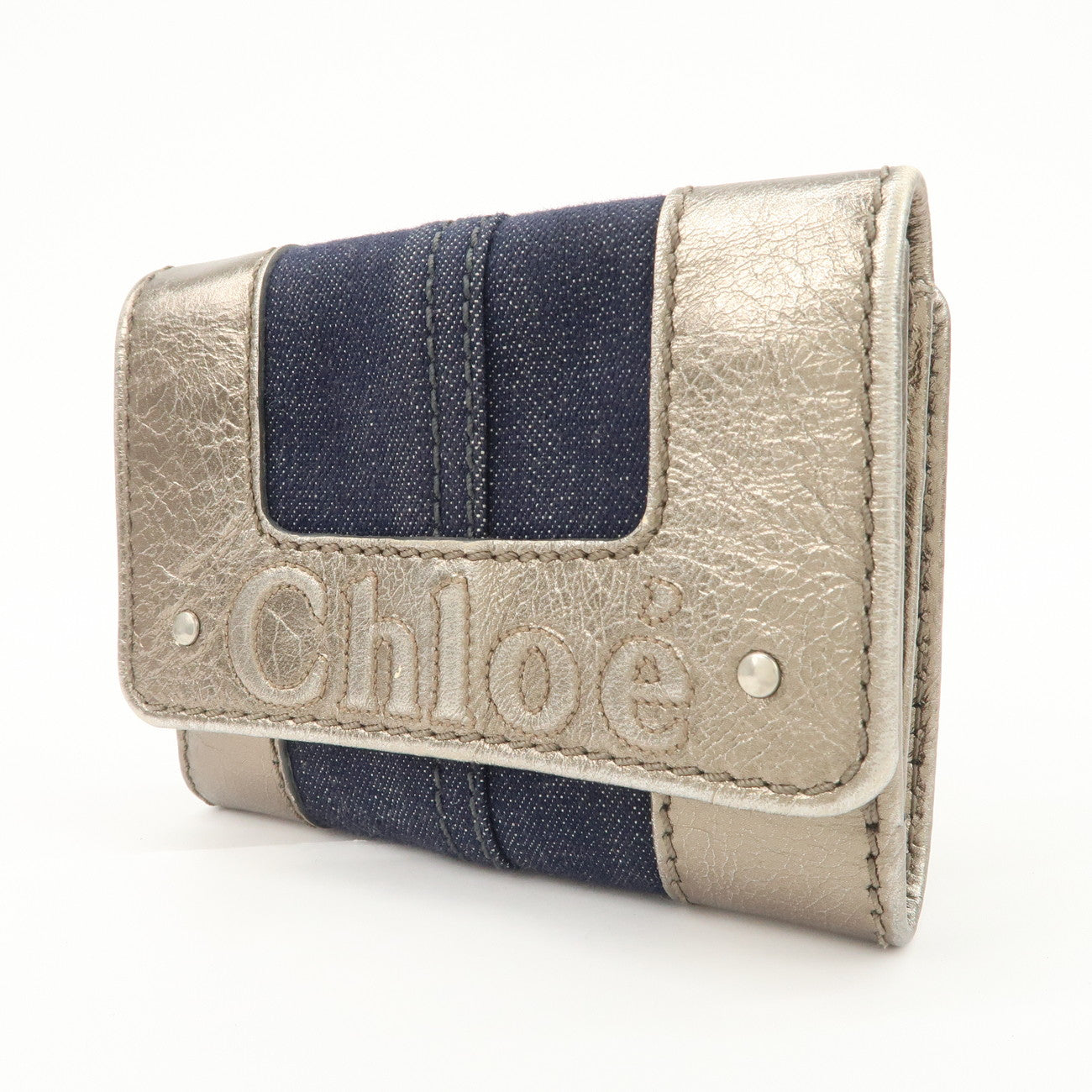 Chloe Harlee Leather Denim Bi-Fold Compact Wallet Silver Blue
