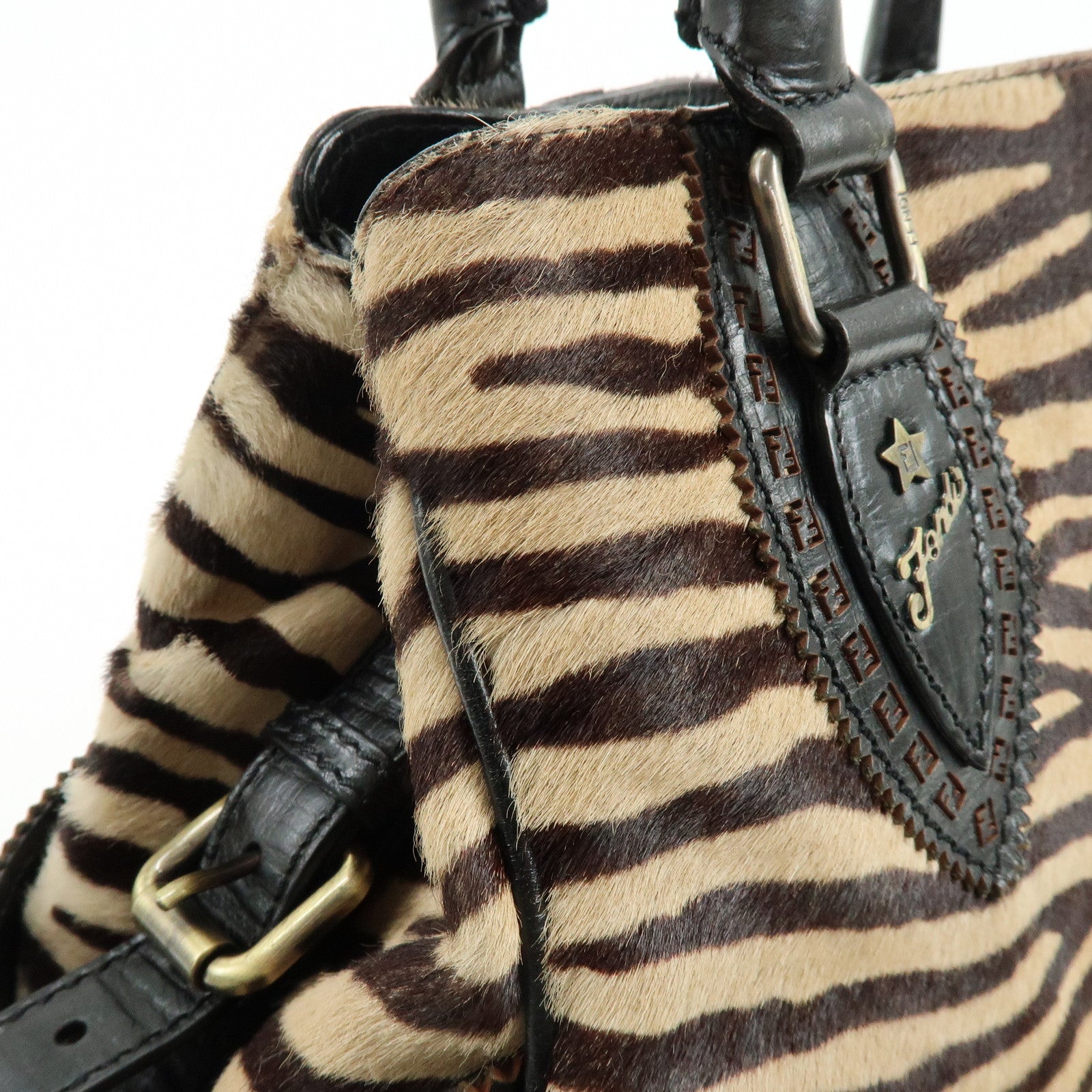 FENDI Etnico Calf Hair Leather Tote Bag Shoulder Bag Brown 8BN162