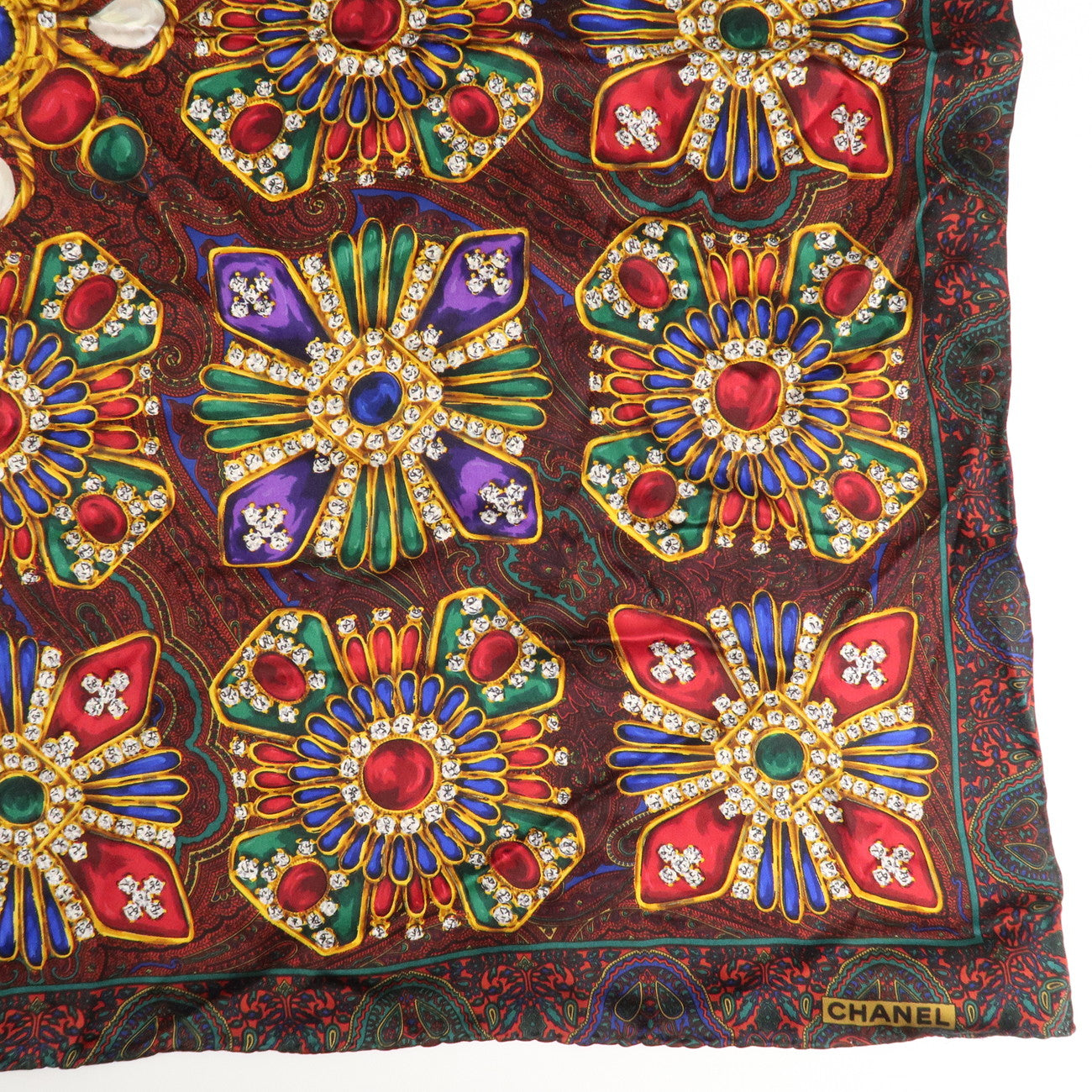 CHANEL Silk 100% Scarf  Gripoix Print Red Multi Color Used