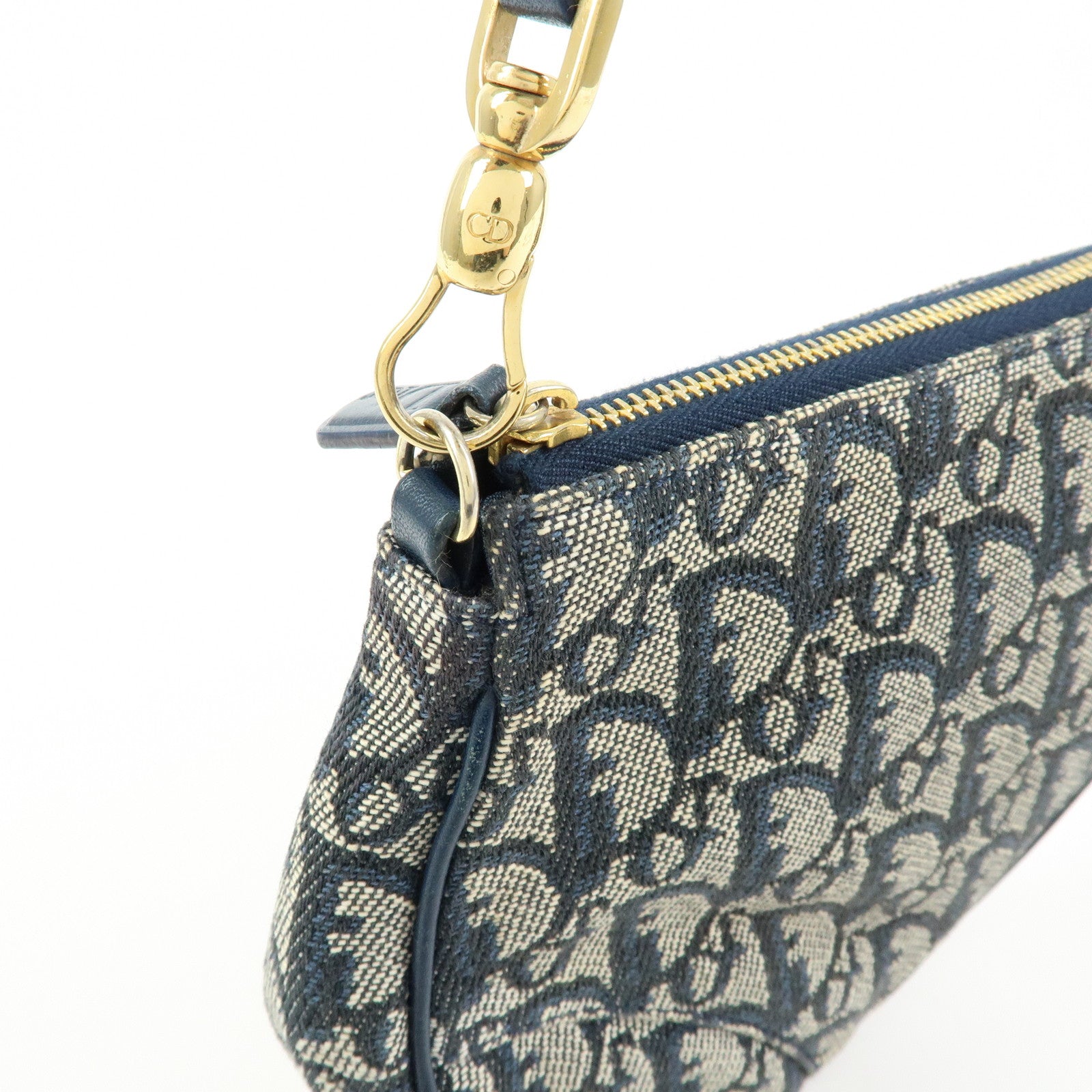 Christian Dior Saddle Oblique Canvas Leather Hand Bag Navy White