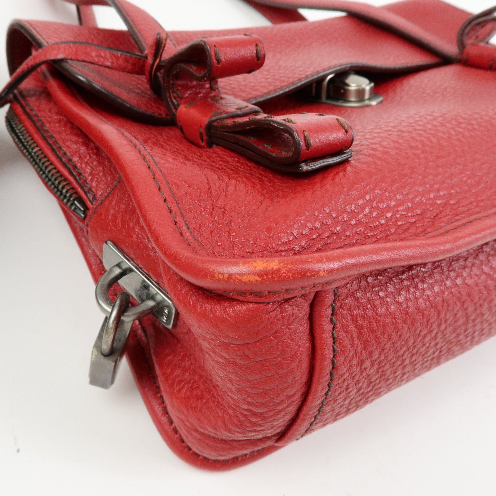 PRADA Triangle Logo Leather Shoulder Bag Satchel Bag Hand Bag Red