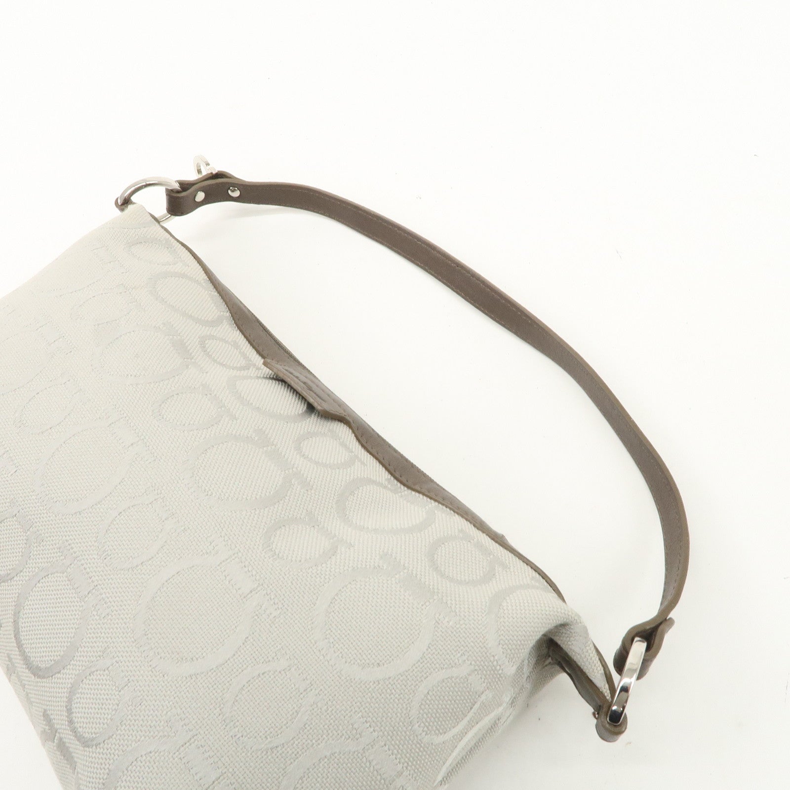 Ferragamo Gancini Leather Canvas Shoulder Bag Brown Silver Used