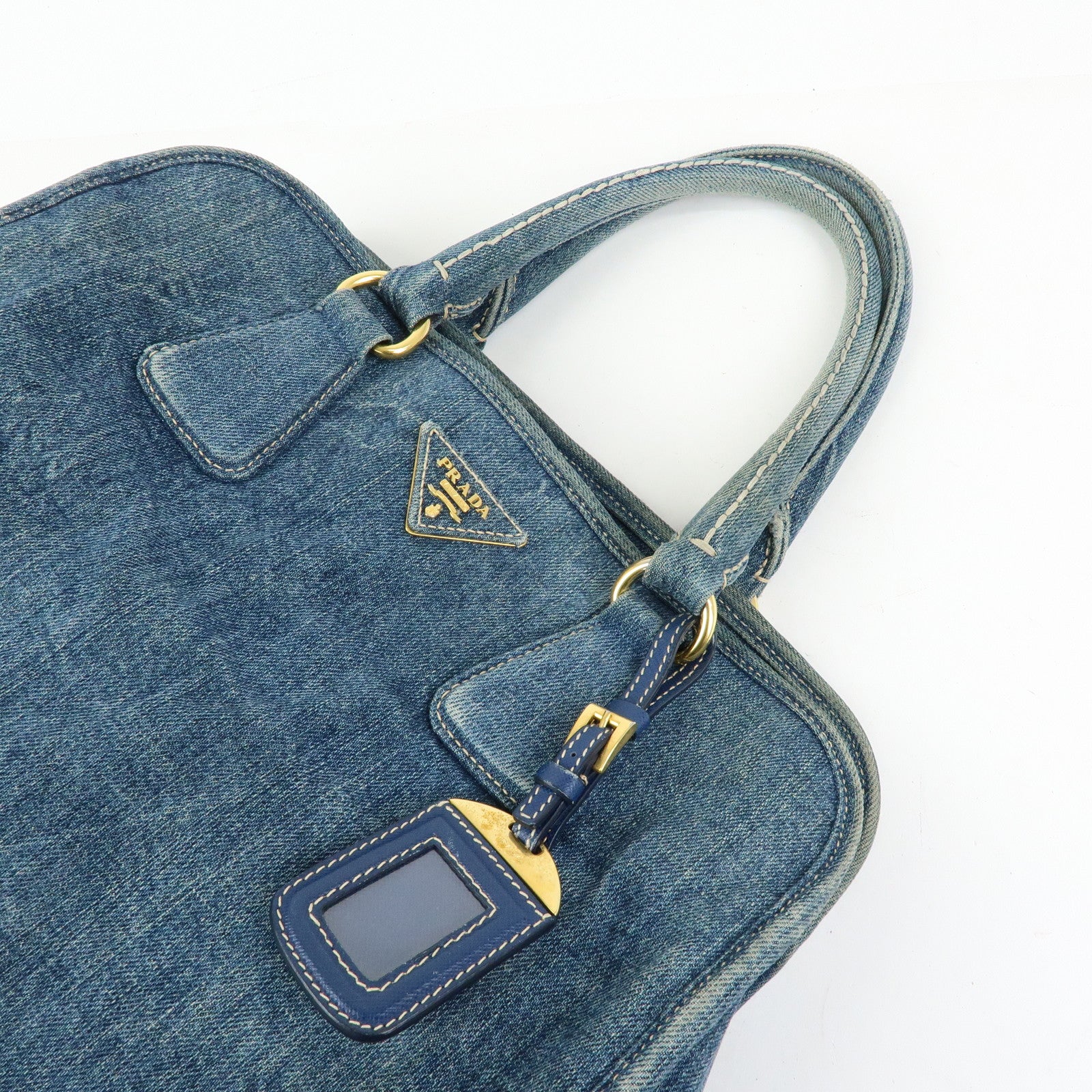 PRADA Triangle Logo Denim Tote Bag Hand Bag Blue BN2254