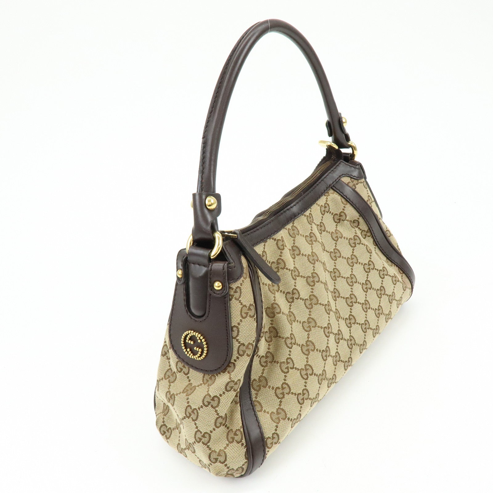 GUCCI Interlocking G Canvas Leather Shoulder Bag Beige 282298