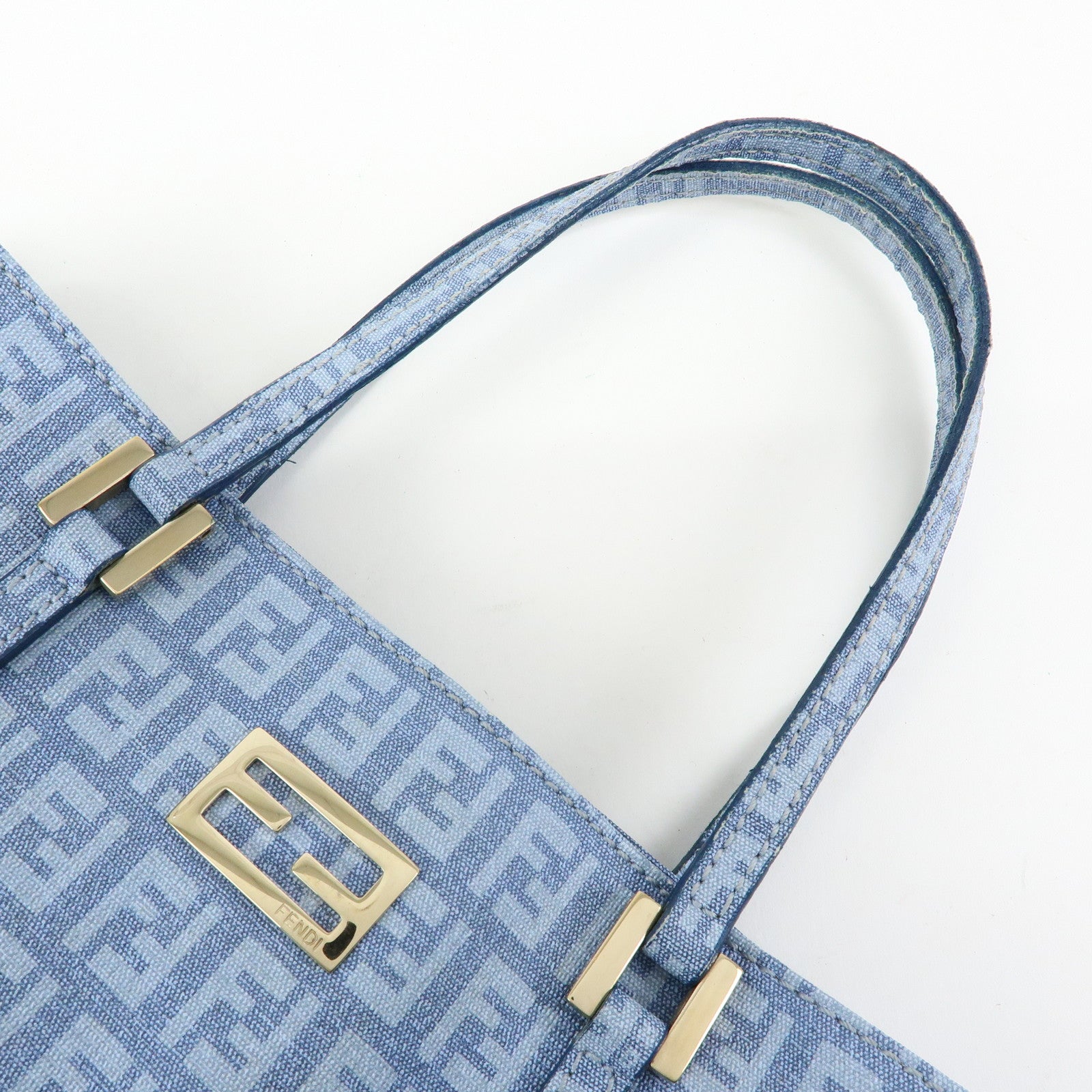 FENDI Logo Zucchino PVC Hand Bag Tote Bag Light Blue 8BH132