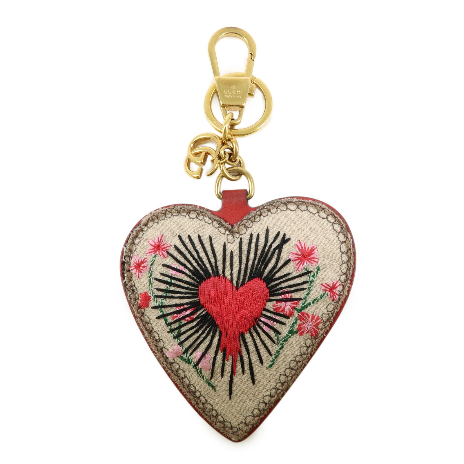 GUCCI GG Supreme Canvas Leather Bag Charm Key Chain Heart Beige