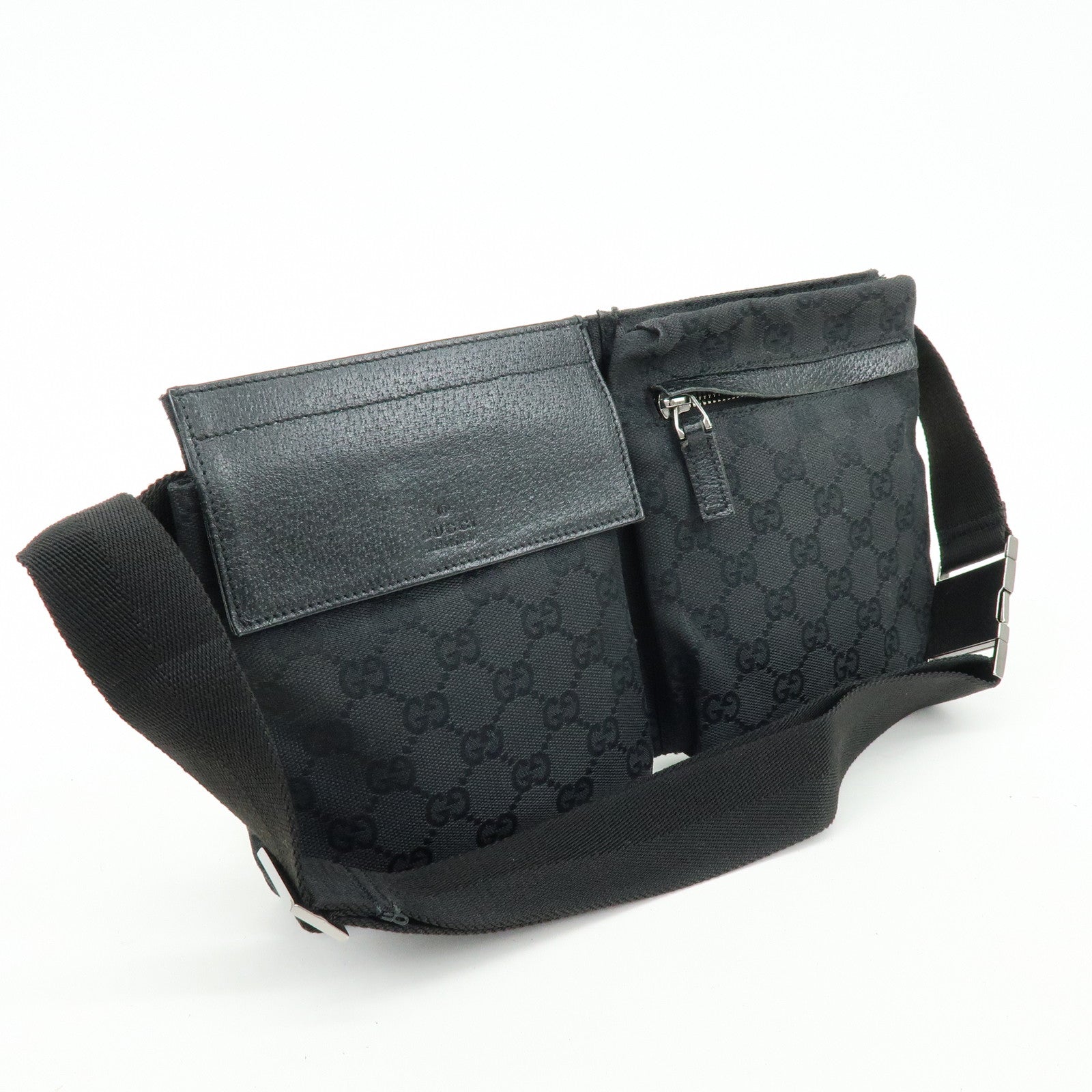 GUCCI GG Canvas Leather Waist Bag Crossbody Bag Black 28566