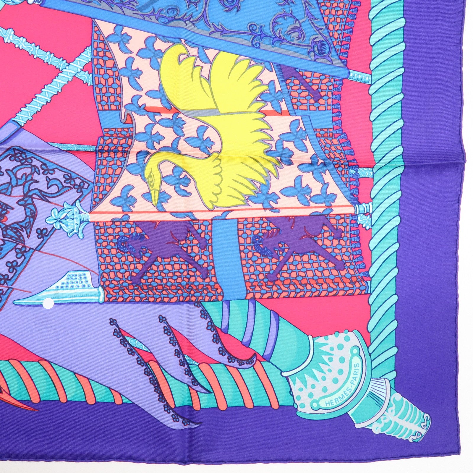 HERMES Carre 90 Silk 100% Etendards et Bonnieres Scarf Purple Blue