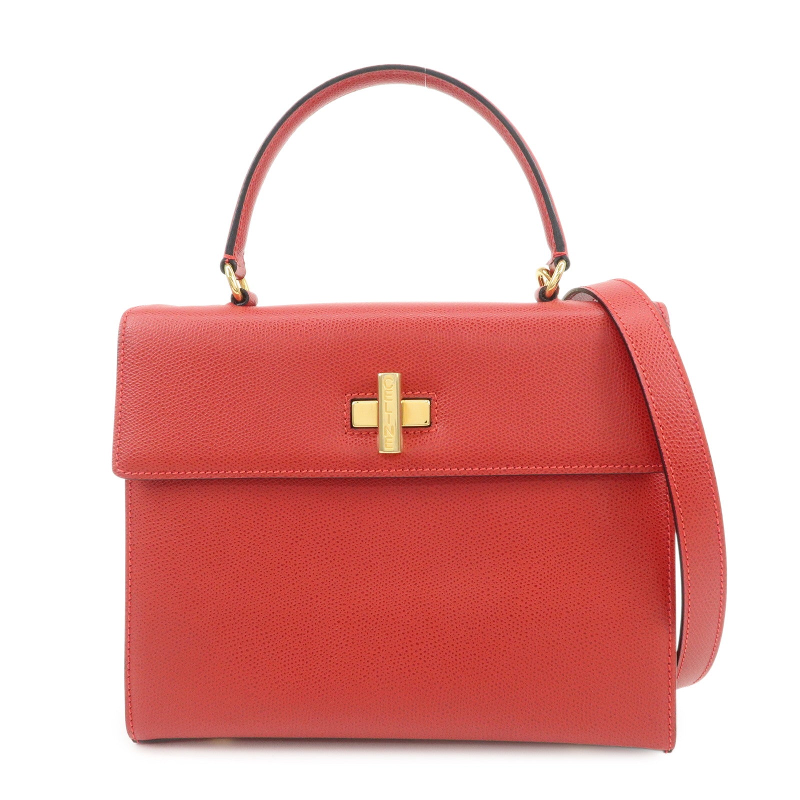 CELINE Leather Top Handle Turn Lock 2Way Hand Bag Shoulder Bag Red