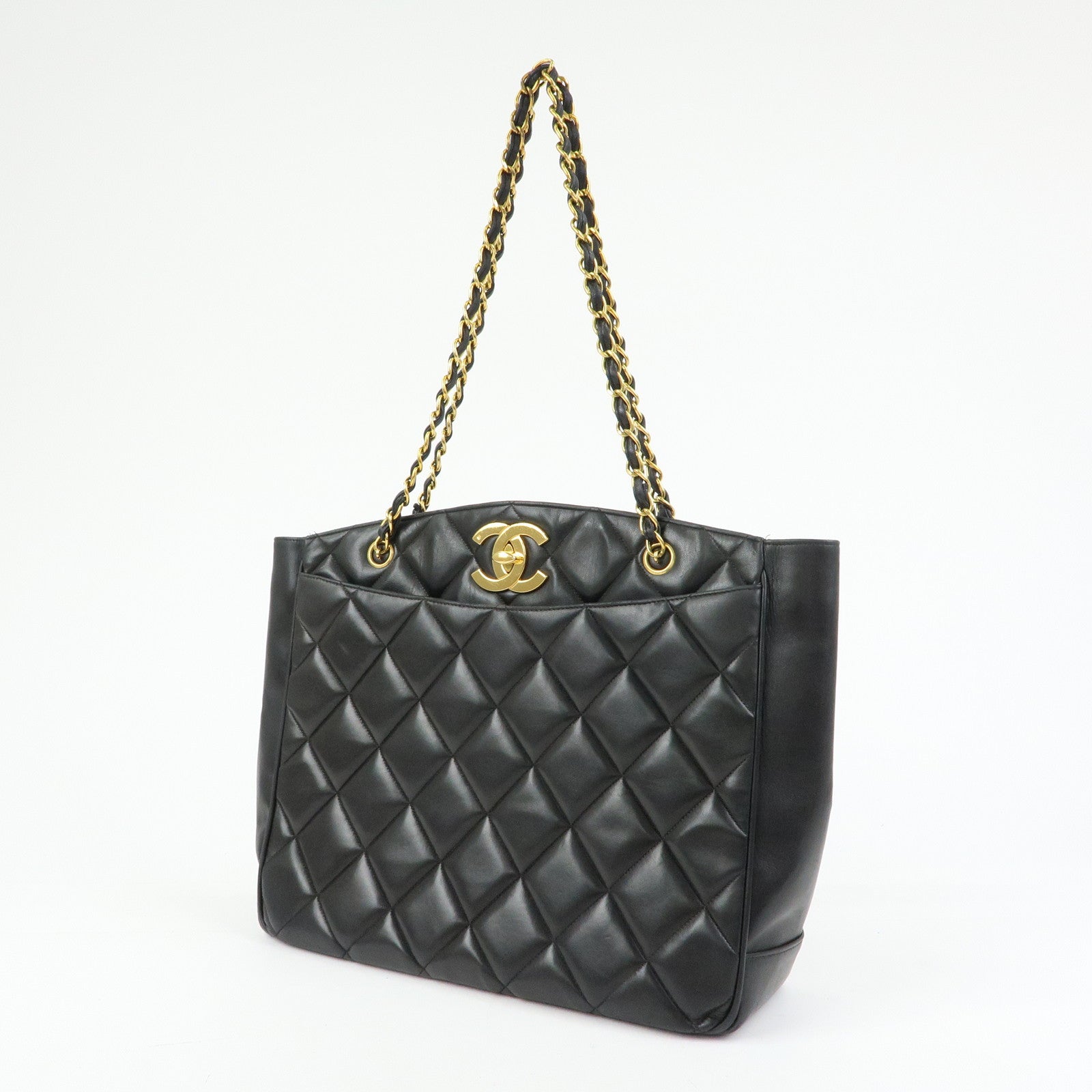 CHANEL Matelasse COCO Mark Lamb Skin Tote Bag Shoulder Bag Black