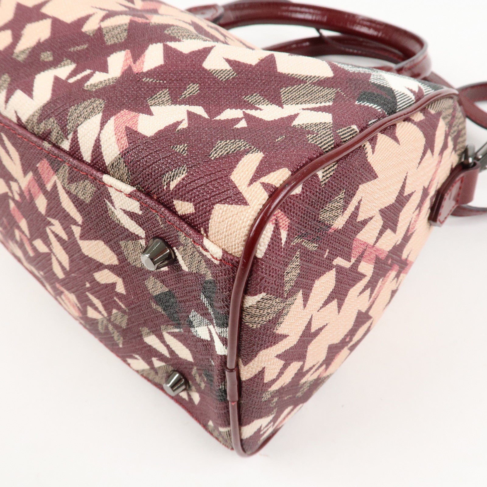 BURBERRY PVC Canvas Patent Leather Boston Bag Beige Bordeaux