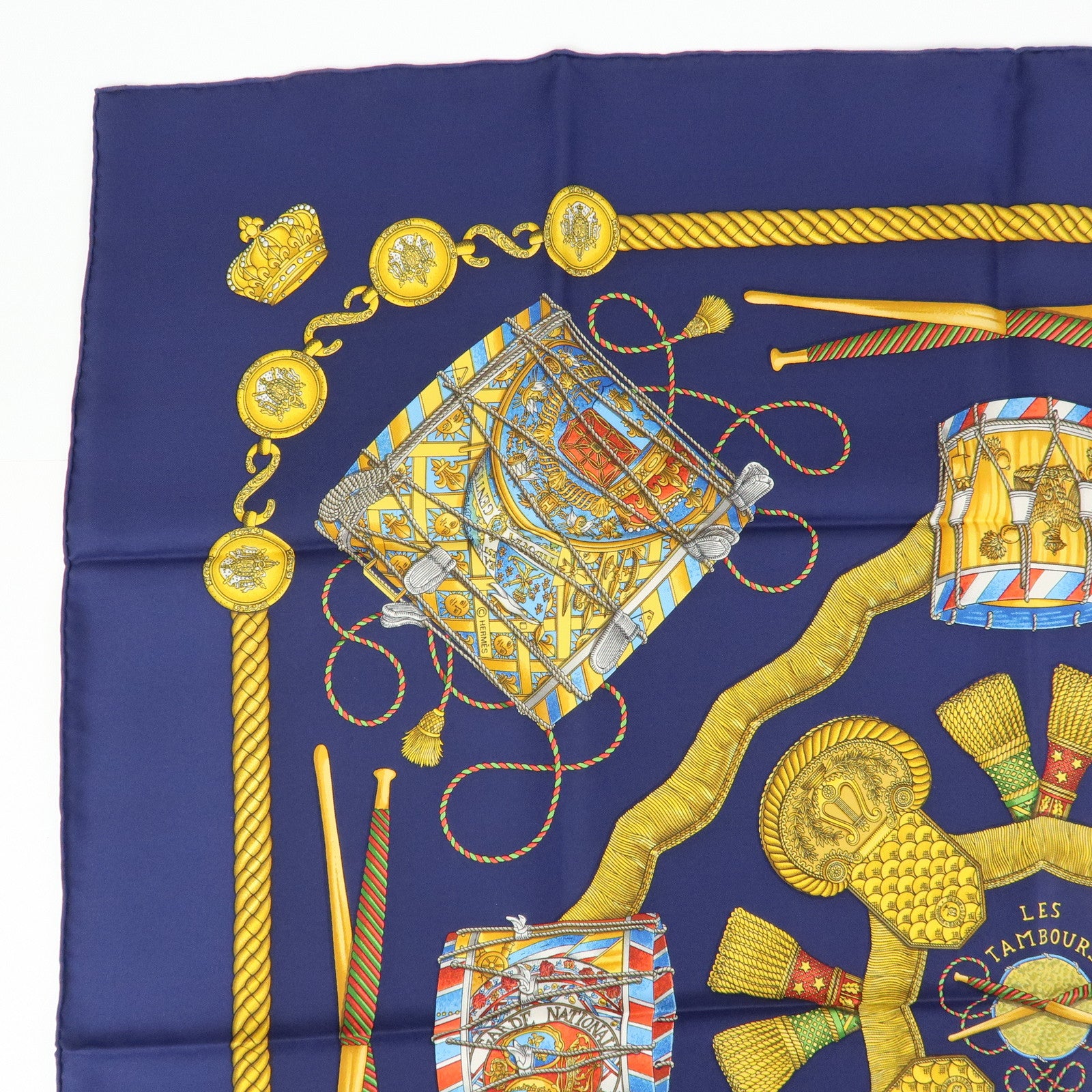 HERMES Carre 90 Silk 100% Scarf  LES TAMBOURS Navy Gold