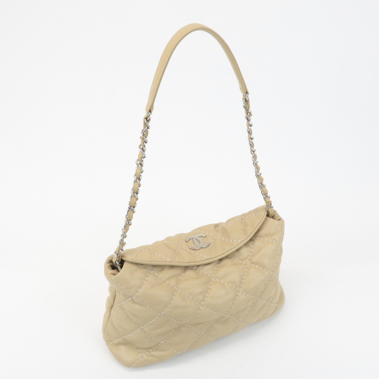 CHANEL Wild Stitch Lamb Skin Chain Shoulder Bag Hand Bag Beige Used
