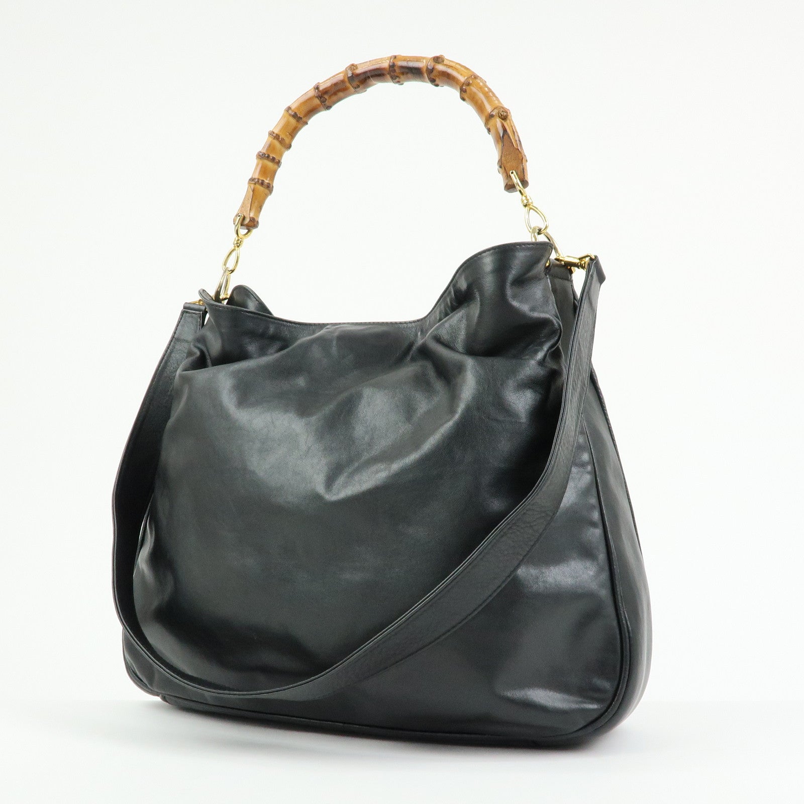 GUCCI Bamboo Leather 2Way Bag Hand Bag Shoulder Bag Black 001・1781