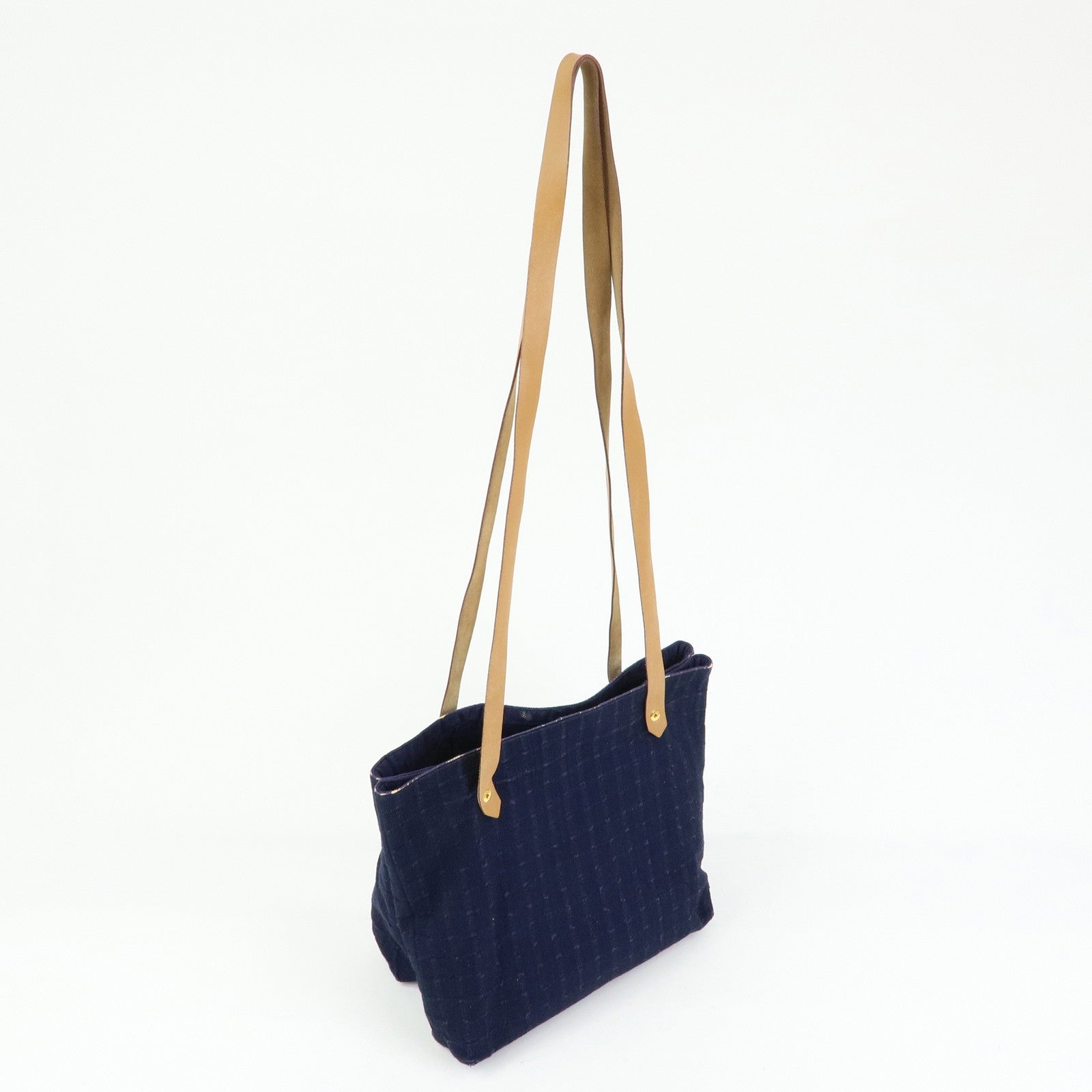 HERMES Amedaba Cabas de Poche Cotton Canvas Leather Tote Bag Navy