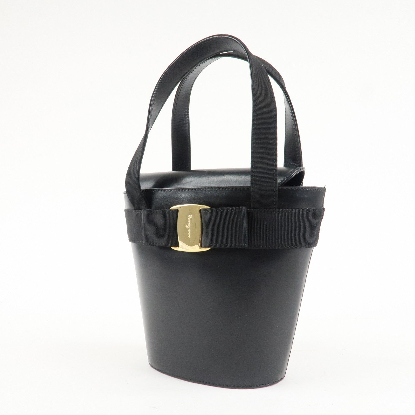 Ferragamo Vara Ribbon Leather Hand Bag Gold HDW Black Used