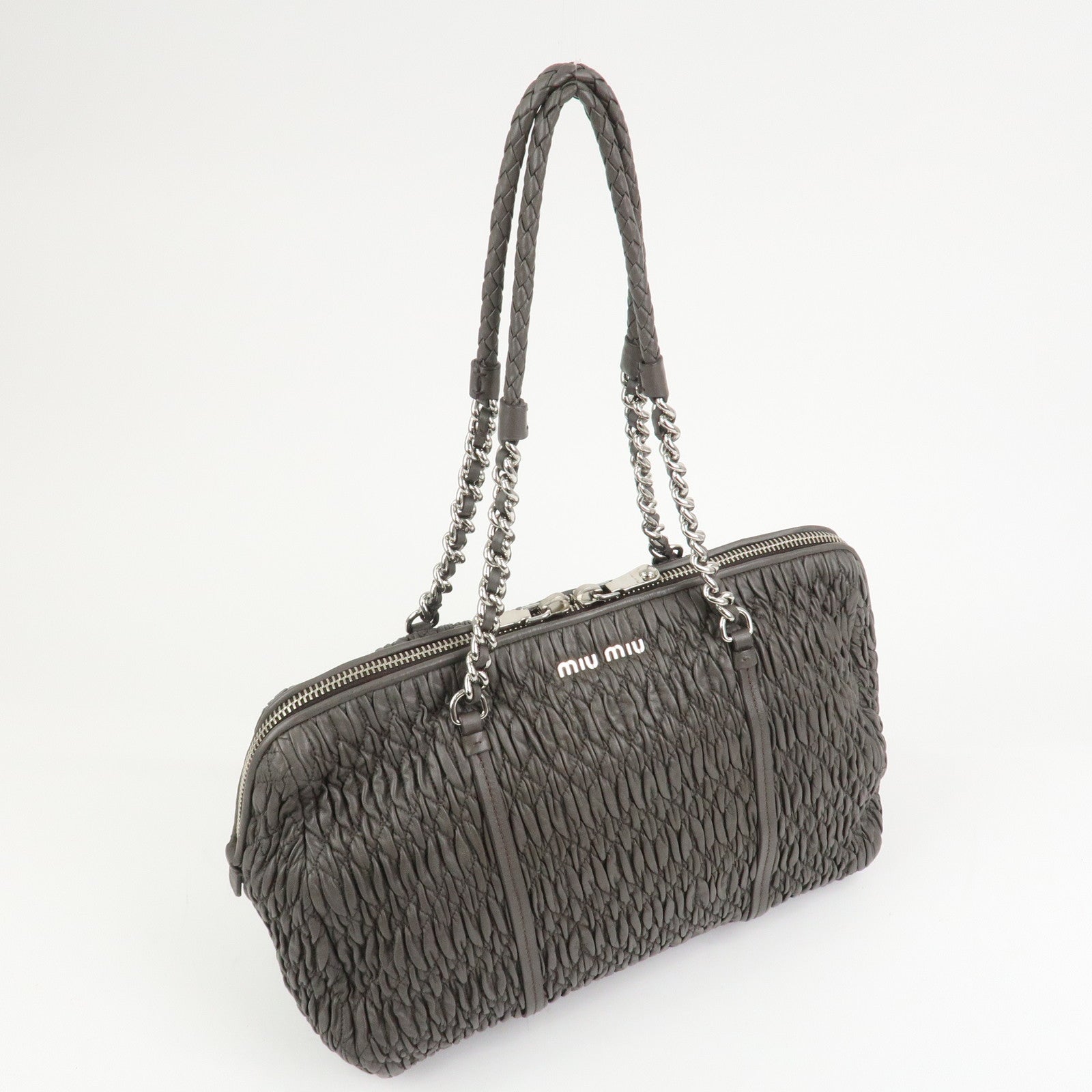 MIUMIU Logo Matelasse Nappa Leather Chain Shoulder Bag Gray