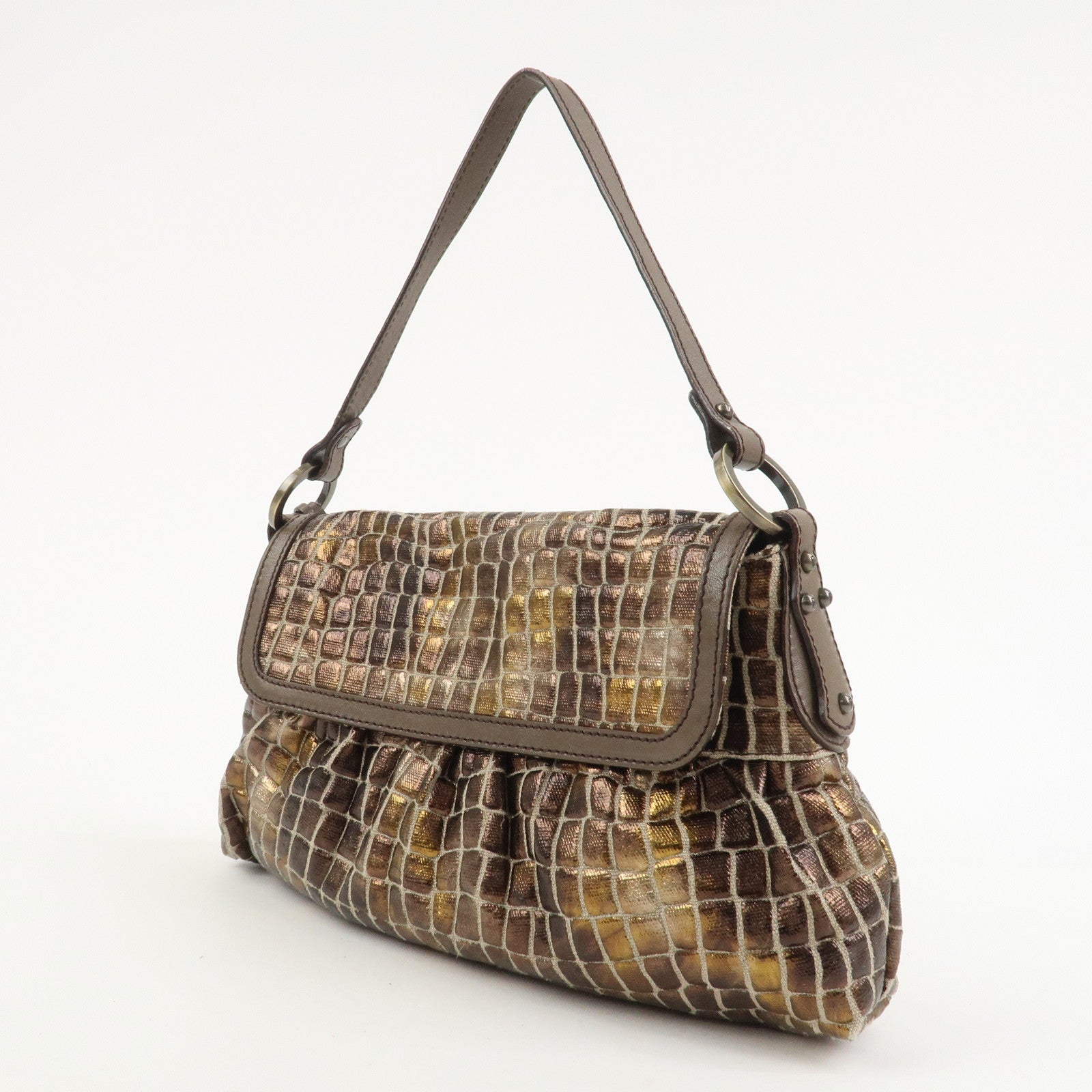 FENDI Canvas Leather Shoulder Bag Hand Bag Metallic Brown 8BR445
