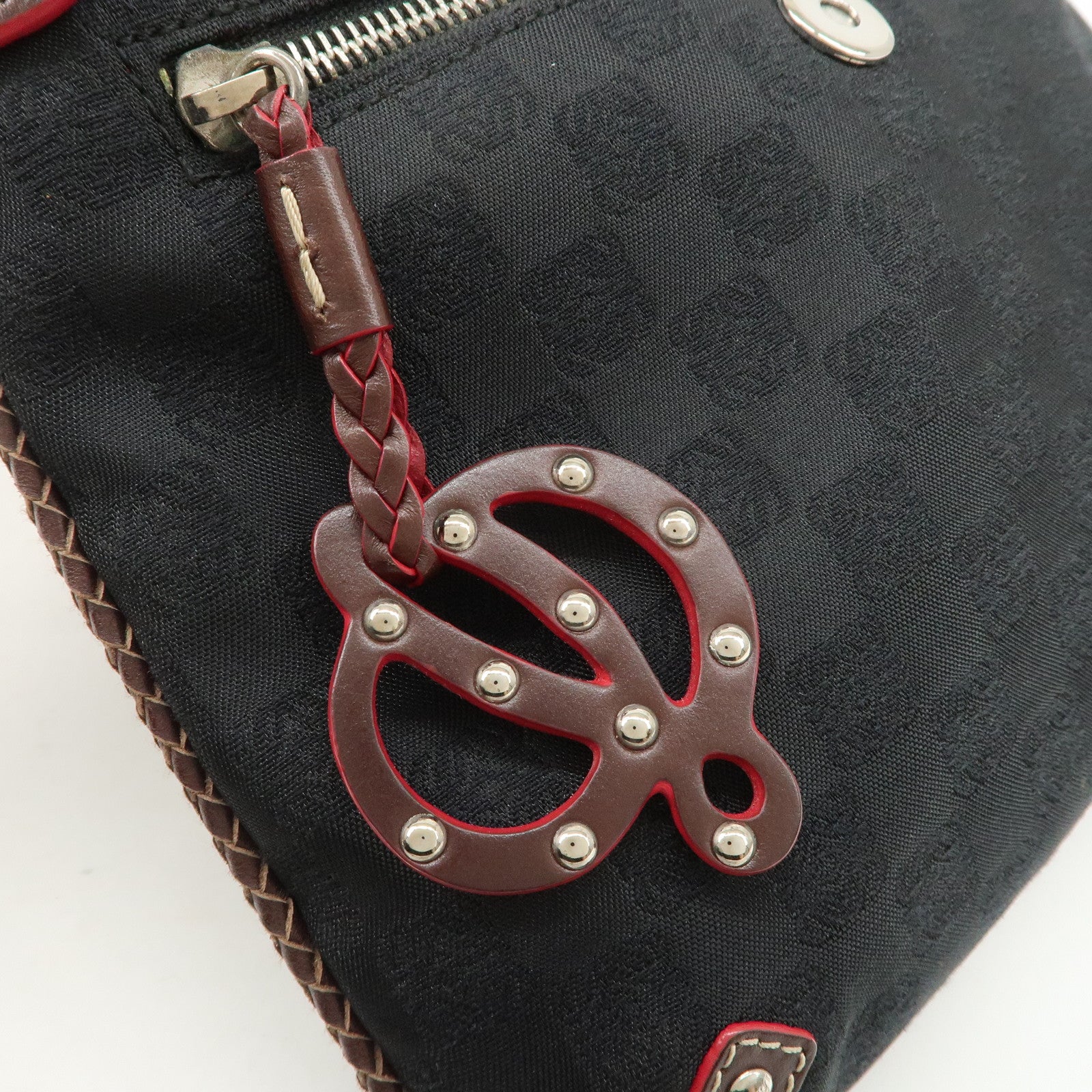 LOEWE Anagram Leather Canvas Chain Shoulder Bag Black Brown