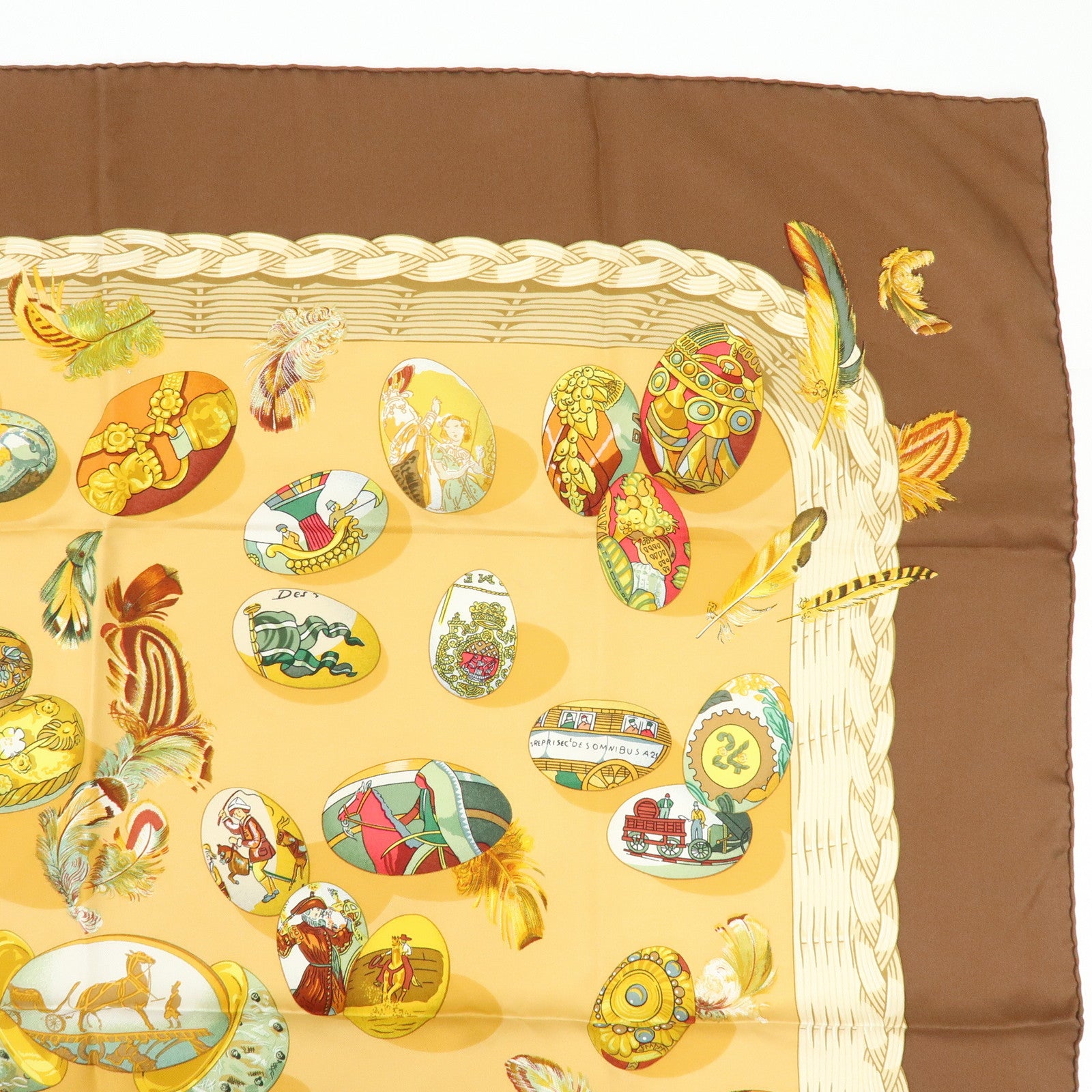 HERMES Carre 90 Silk 100% Scarf COUVEE D HERMES Brown Yellow