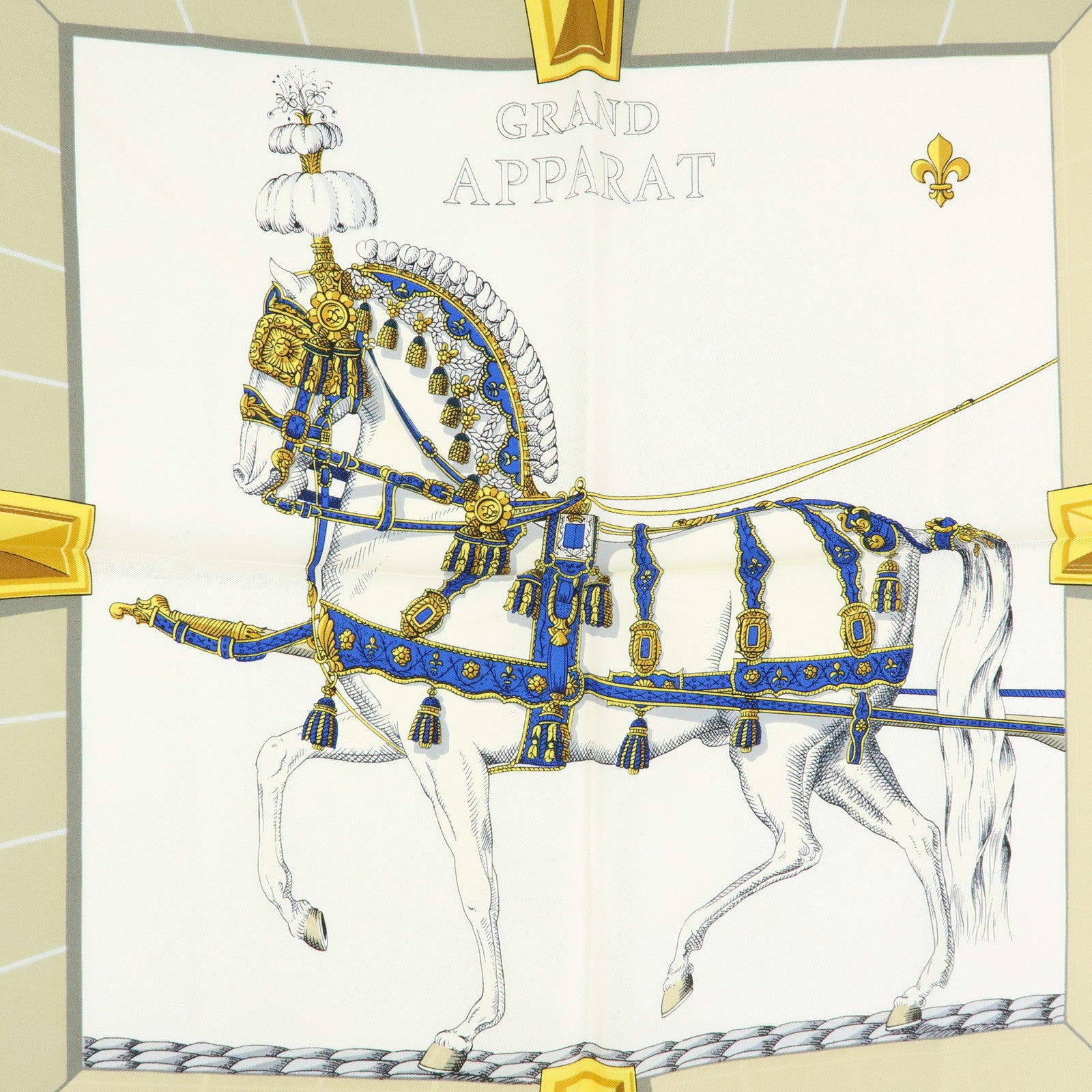 HERMES Carre 90 Silk 100% Scarf GRAND APPARAT White Yellow Navy