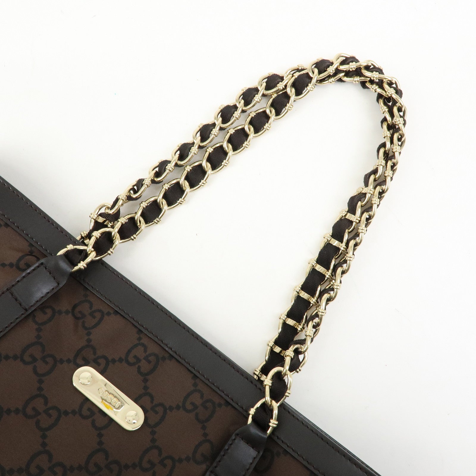 GUCCI GG Nylon Leather Chain Tote Bag Shoulder Bag Brown 196750