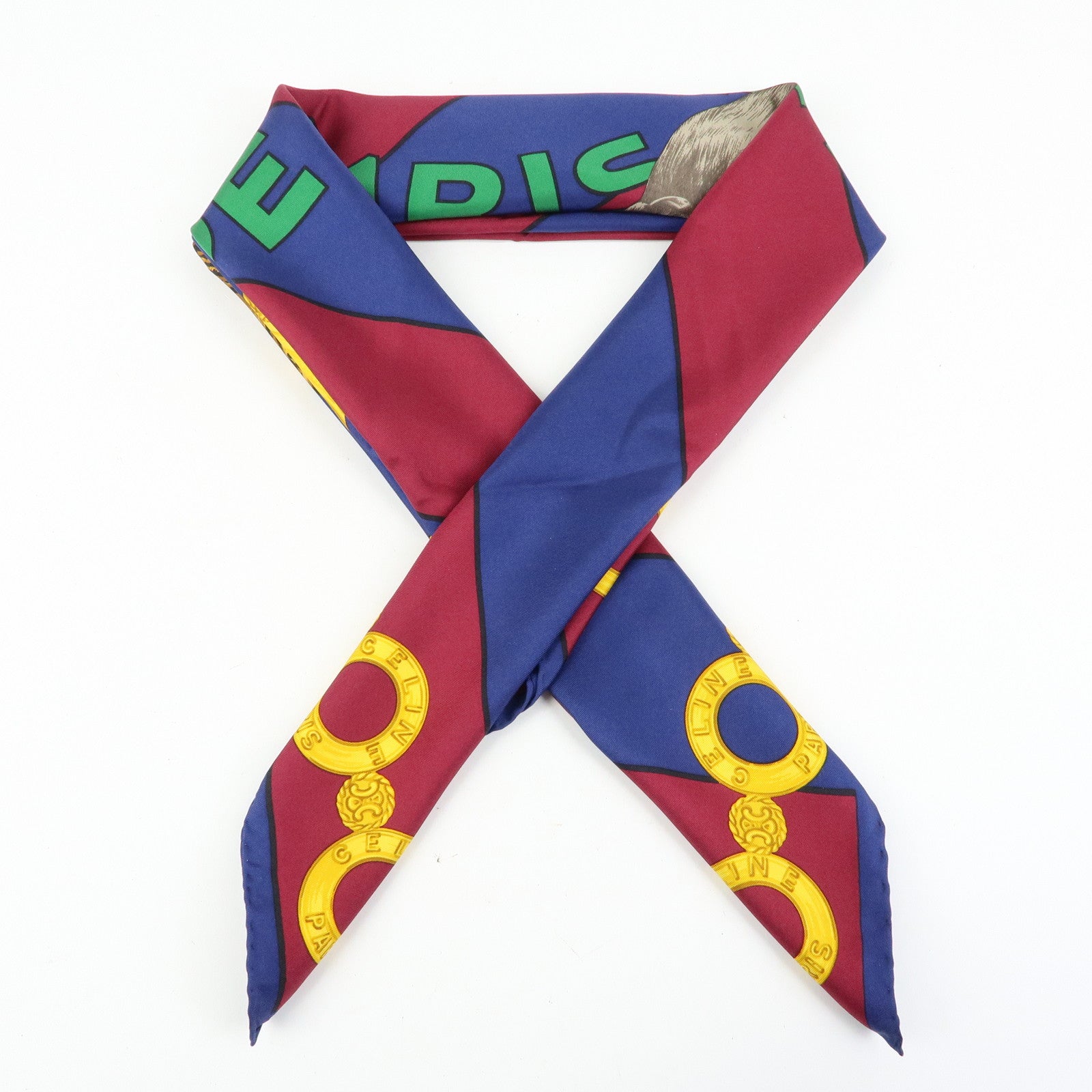 CELINE Silk 100% Scarf  Le Cirque Lion Elephant Motif Navy Blue