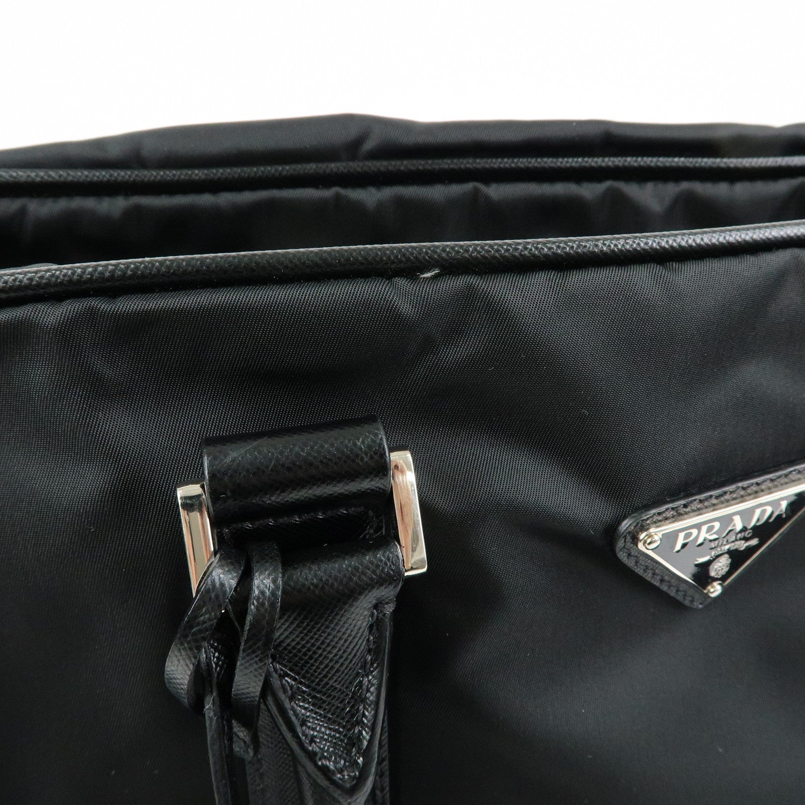 PRADA Triangle Logo Nylon Saffiano Leather Boston Bag Black VS0069