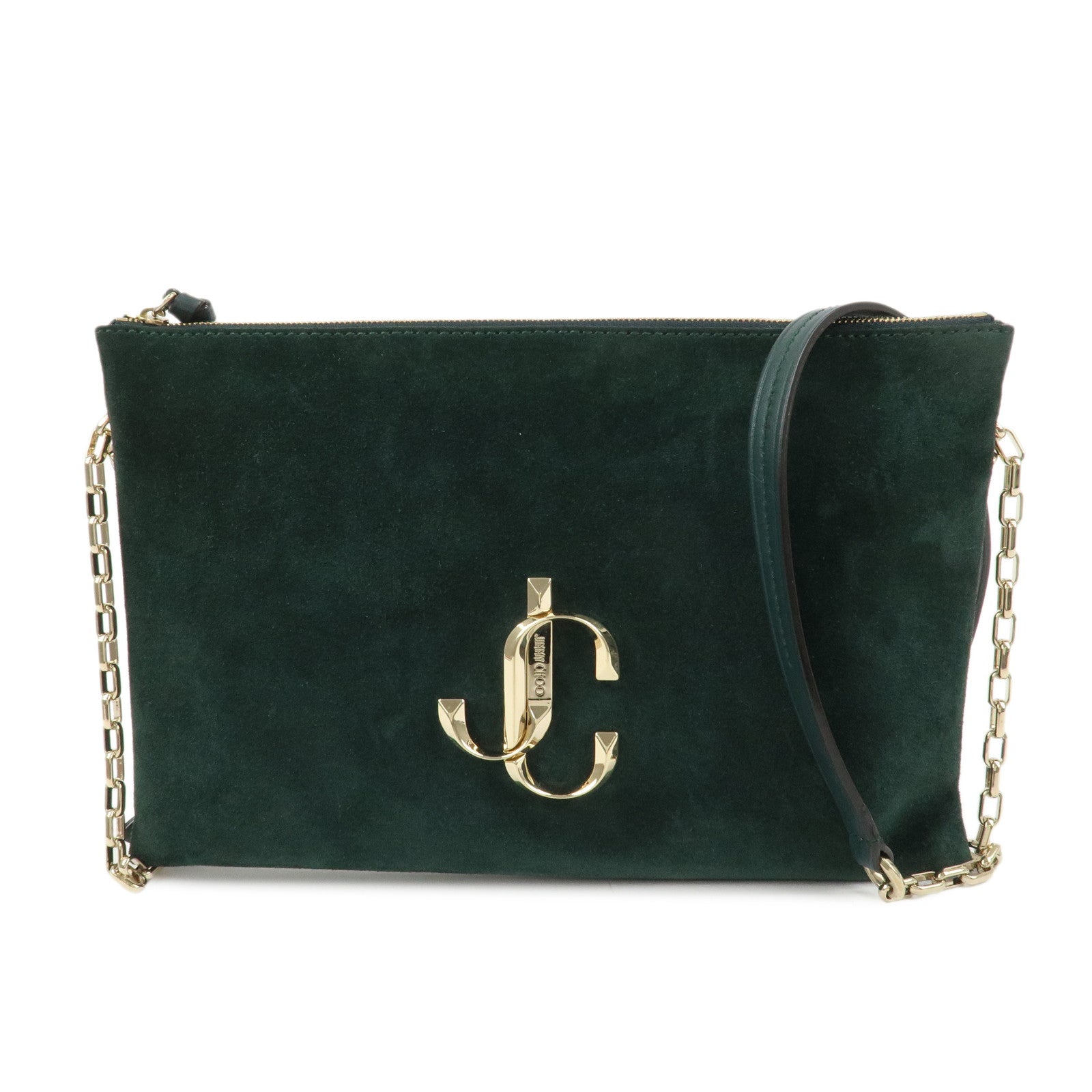 JIMMY CHOO VARENNE Suede Leather Chain Shoulder Bag Dark Green