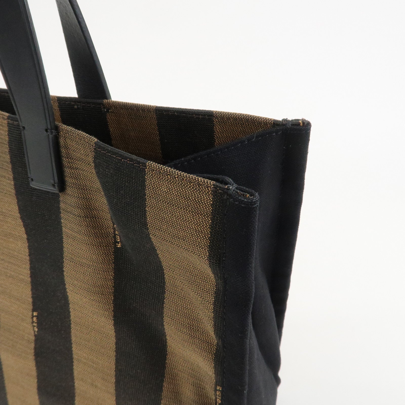 FENDI Pequin Canvas Leather Tote Bag Hand Bag Black Brown 8BH252