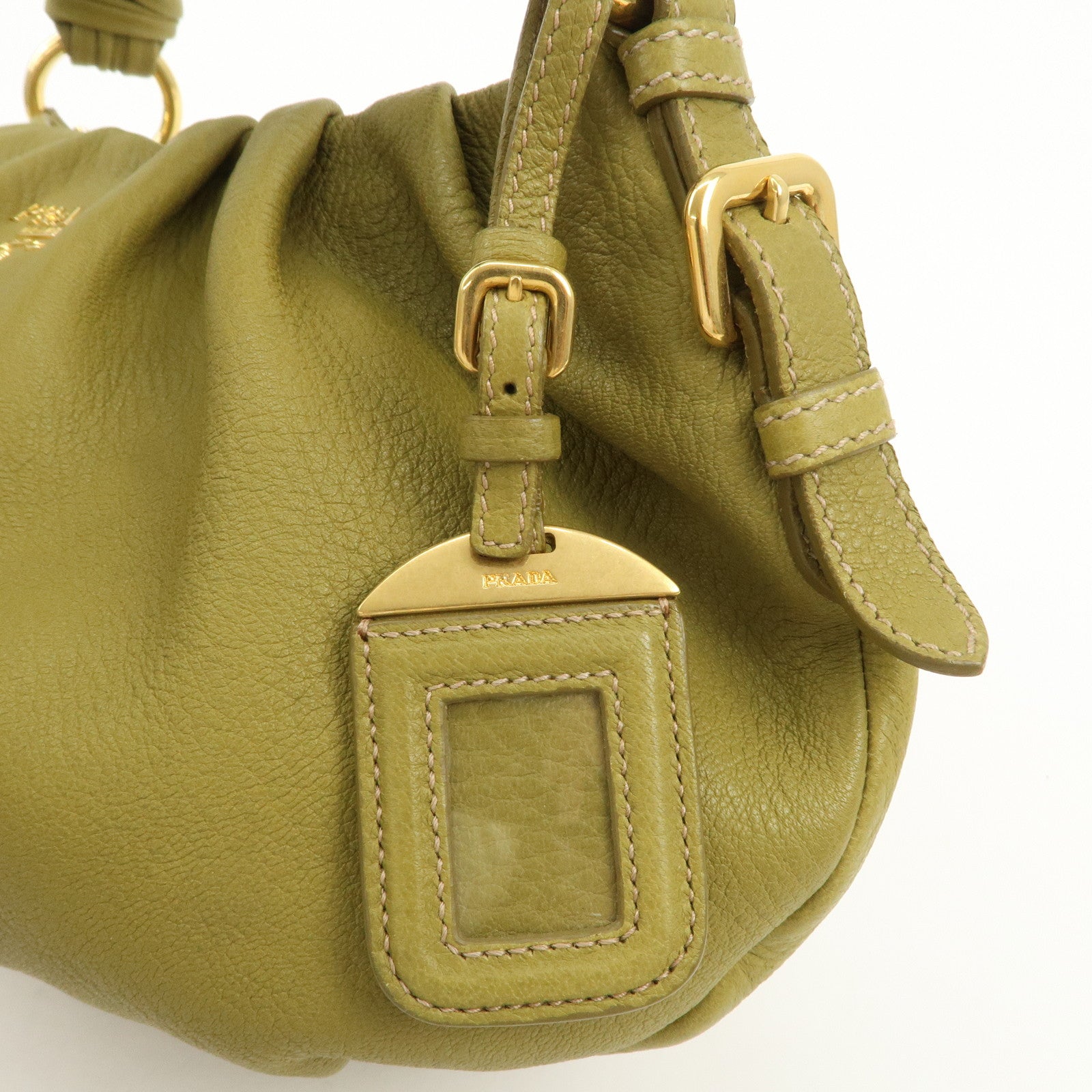 PRADA Logo Leather Shoulder Bag Hand Bag Khaki Gold HDW BR4070