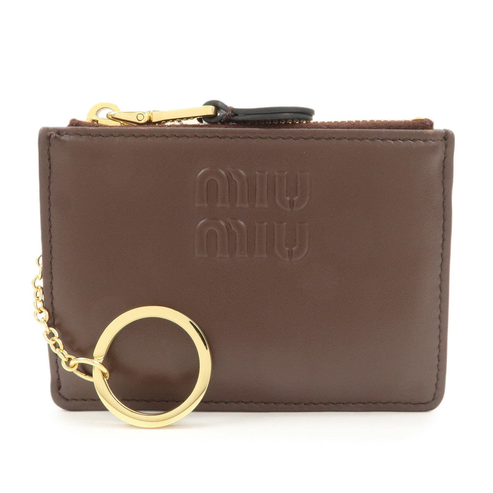 MIU MIU LOGO Leather Coin Case Card Case Brown Used