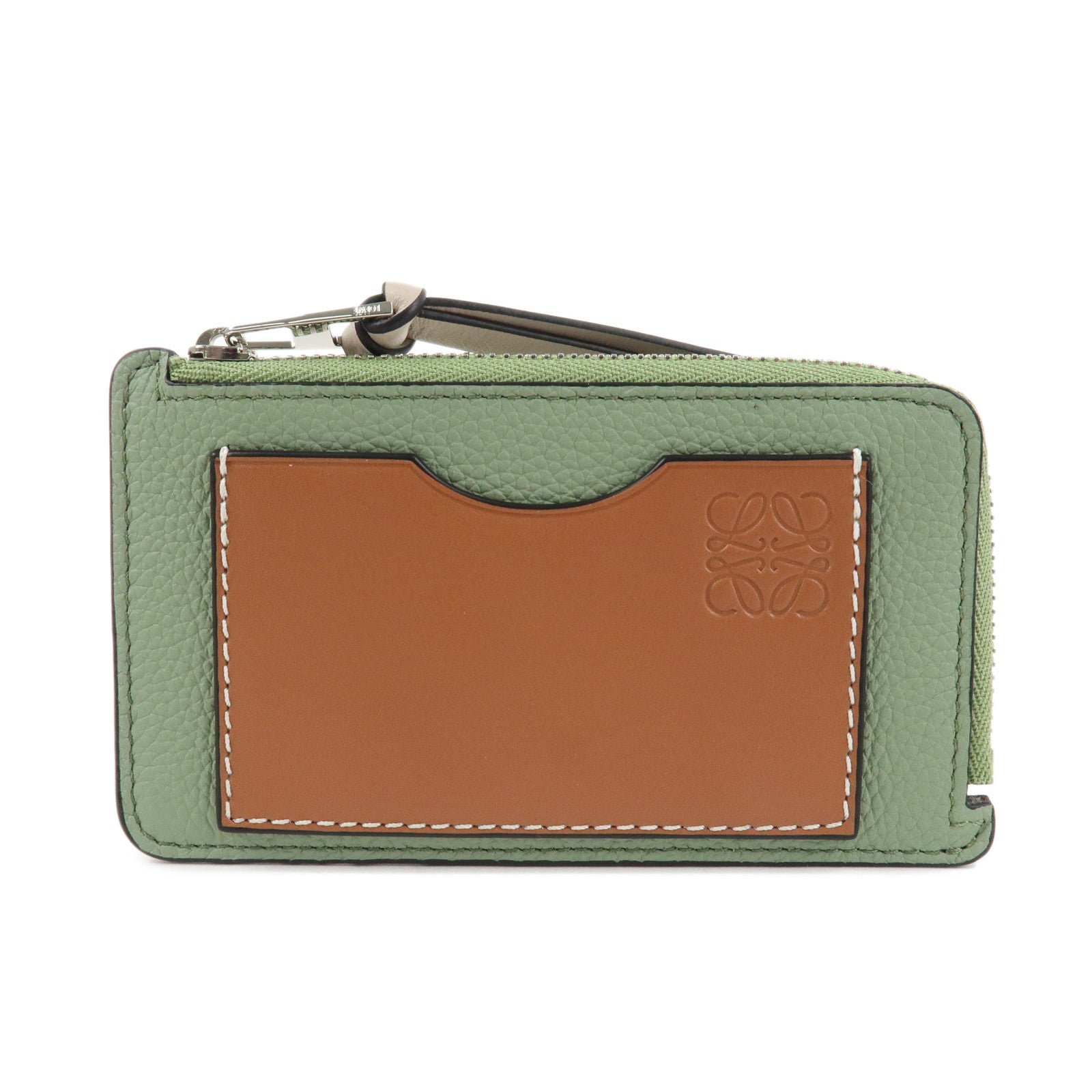 LOEWE Fragment Soft Grained Calf Coin Case Card Case Light Green Brown Used