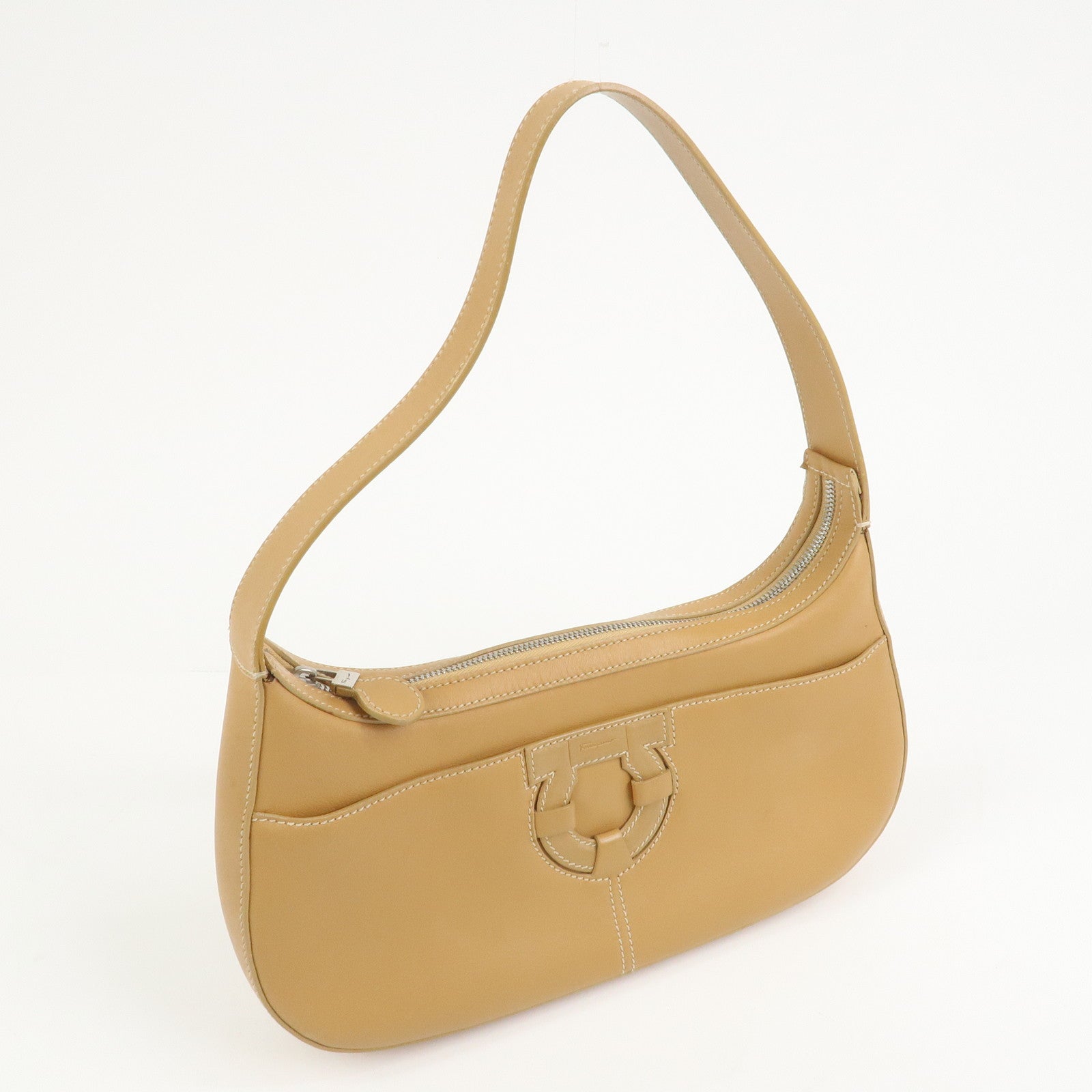 Ferragamo Gancini Leather Shoulder Bag Hand Bag Light Brown