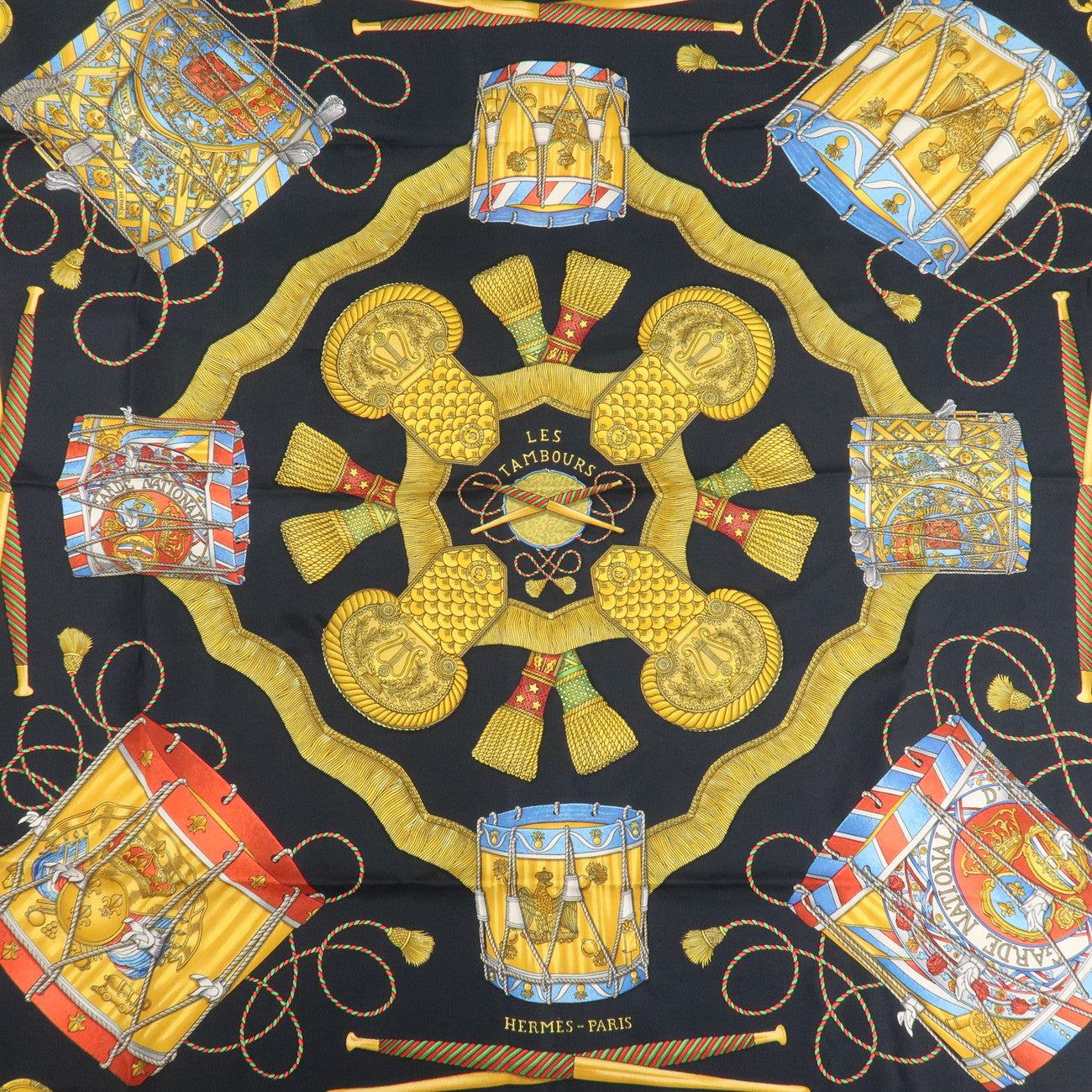 HERMES Carre 90 Silk 100% Scarf LES TAMBOURS Black Multicolor Used