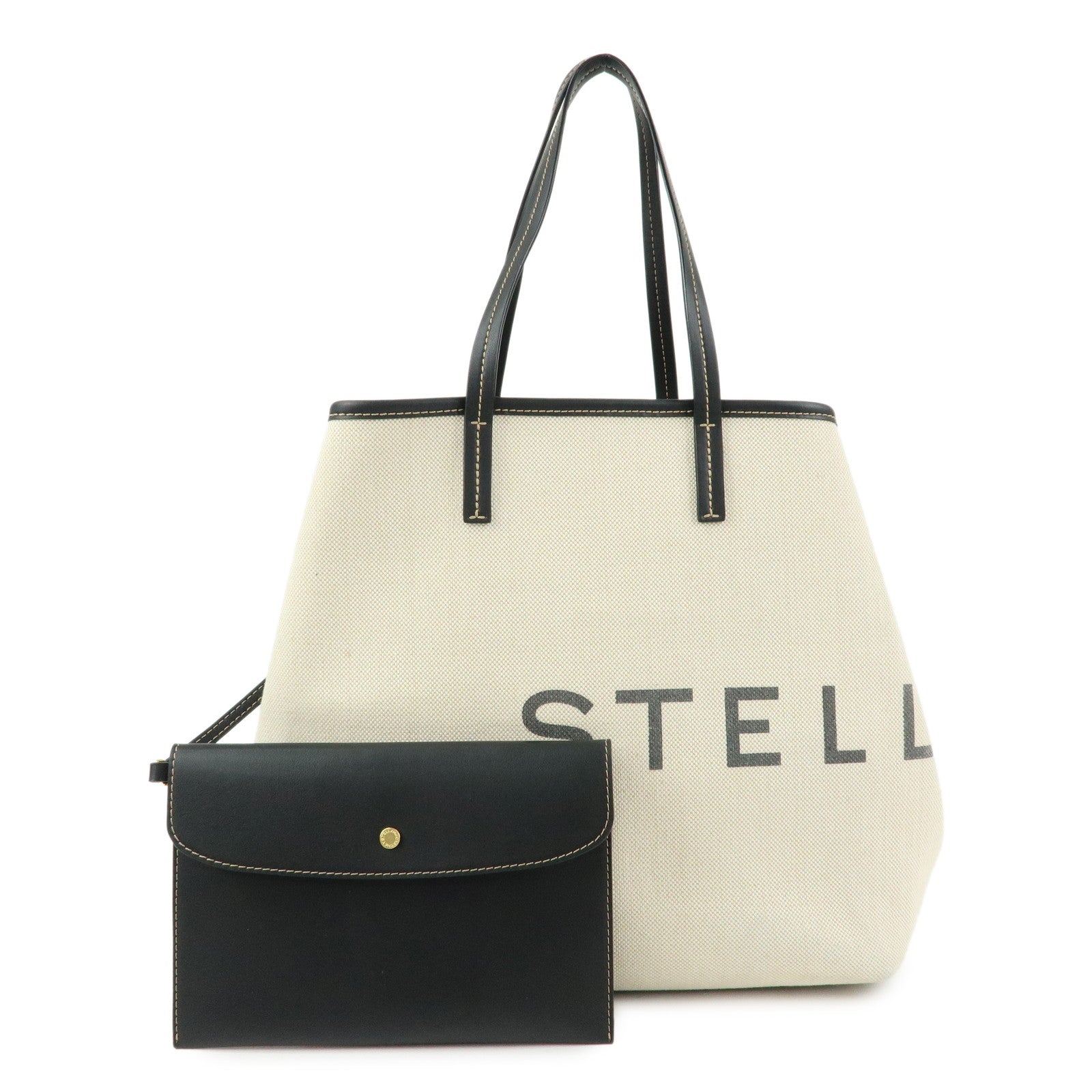 STELLA MCCARTNEY Leather Canvas Tote Bag Shoulder Bag Ecru Black