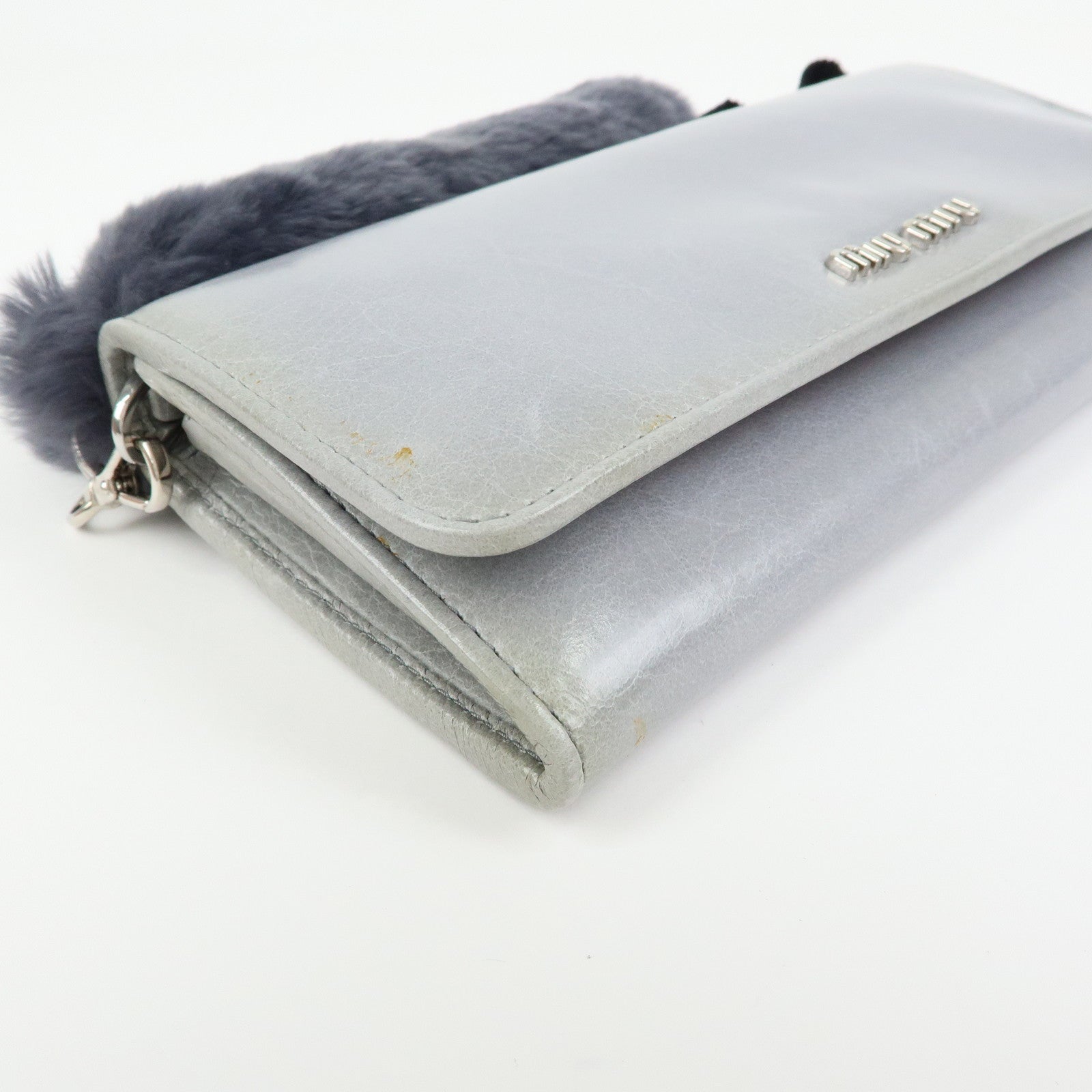 MIU MIU Vitello Shine Fur Flap Long Wallet Gray 5MH109