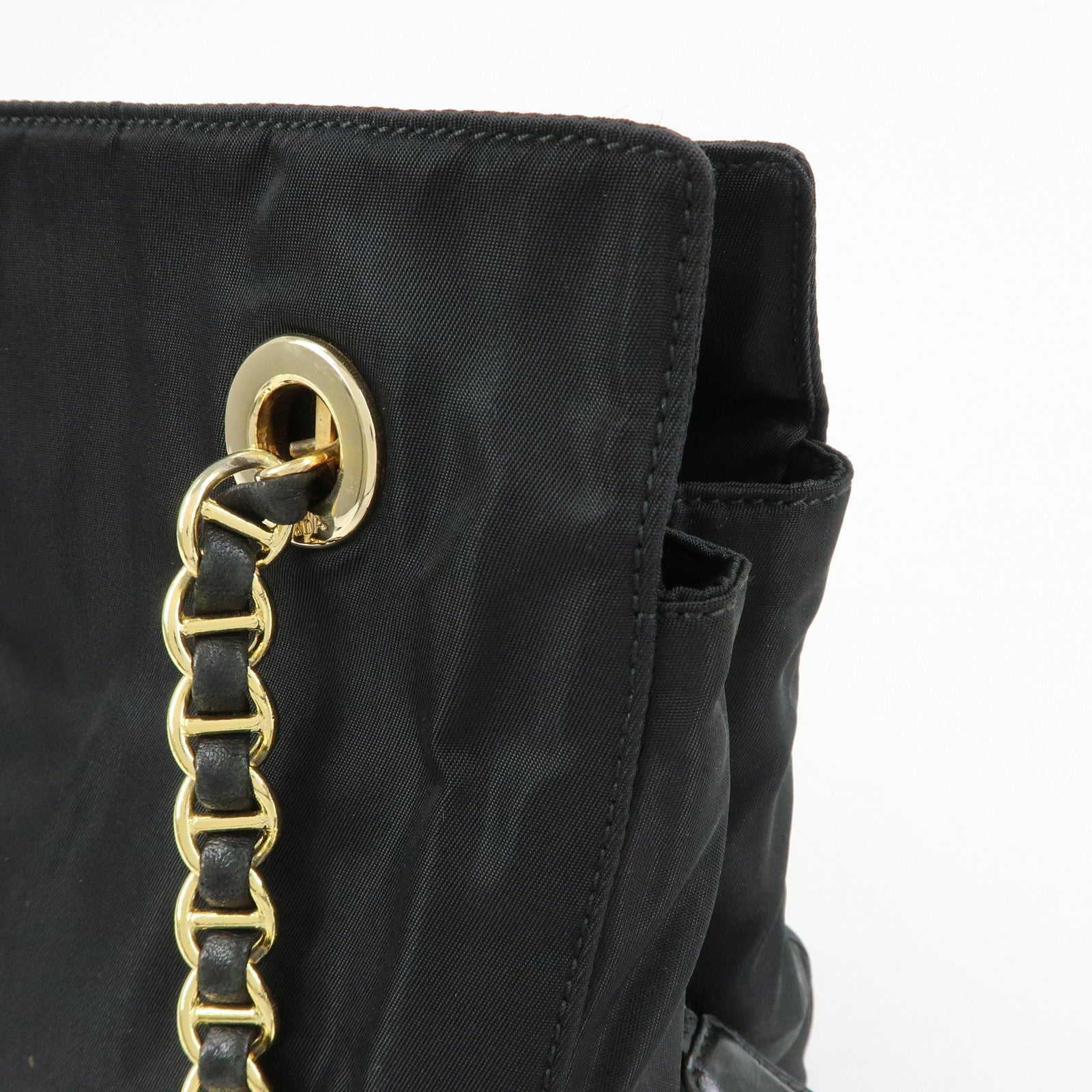 PRADA Triangle Logo Nylon Leather Chain Shoulder Bag Black B4394