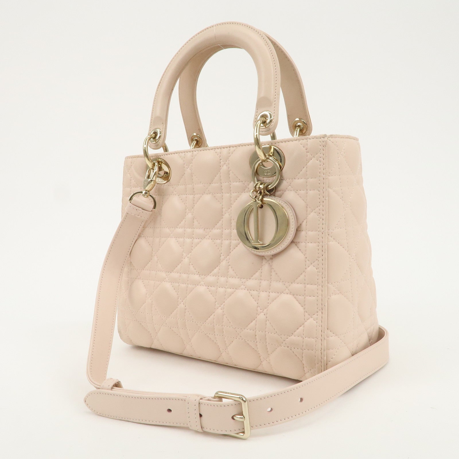 Christian Dior Cannage Leather 2Way Bag Shoulder Bag Pink Beige Used