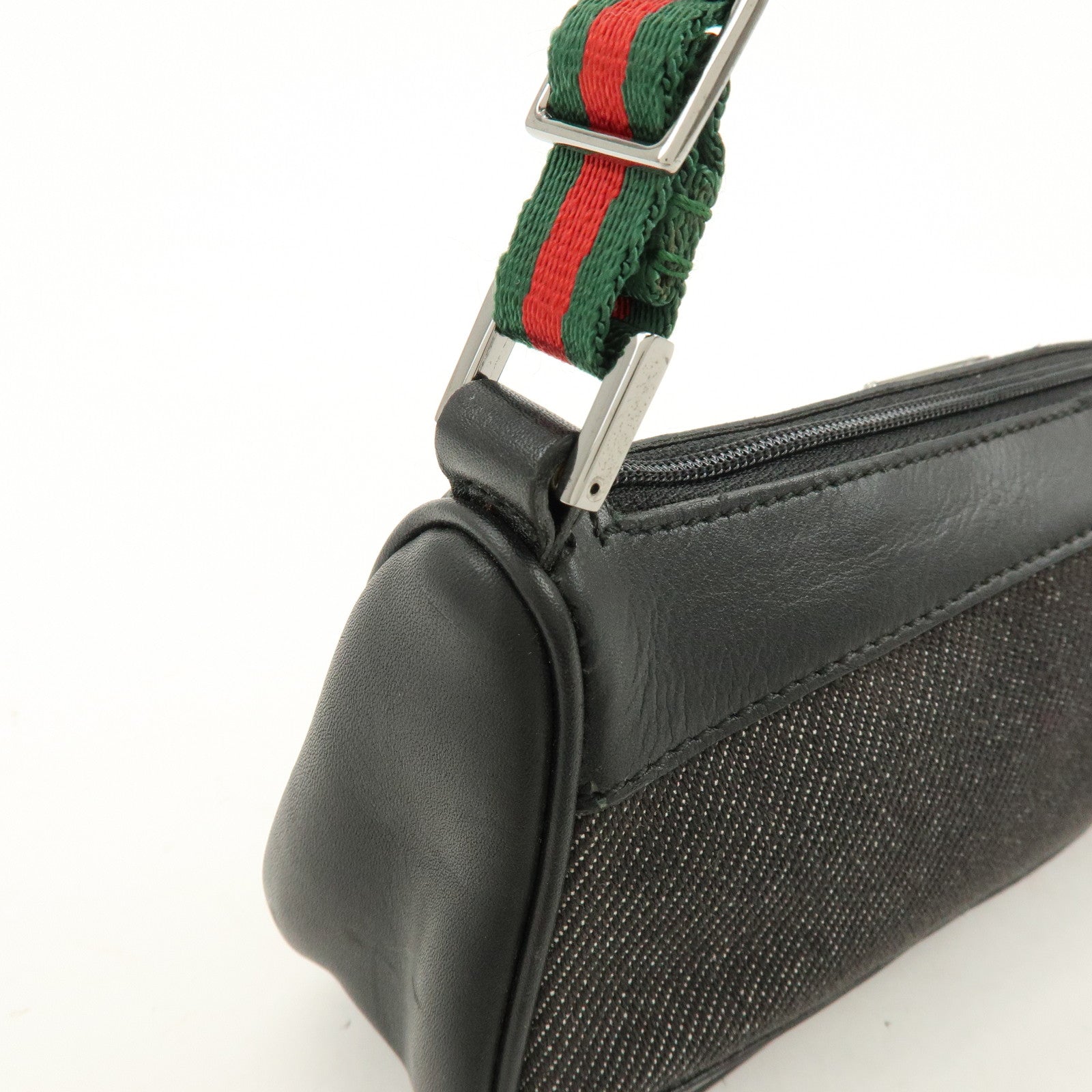 GUCCI Sherry Denim Leather Accessory Pouch Hand Bag Black 92820
