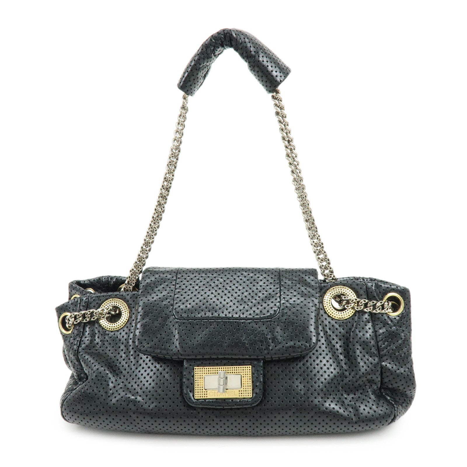 CHANEL 2.55 Punching Calf Leather Chain Shoulder Bag  Black
