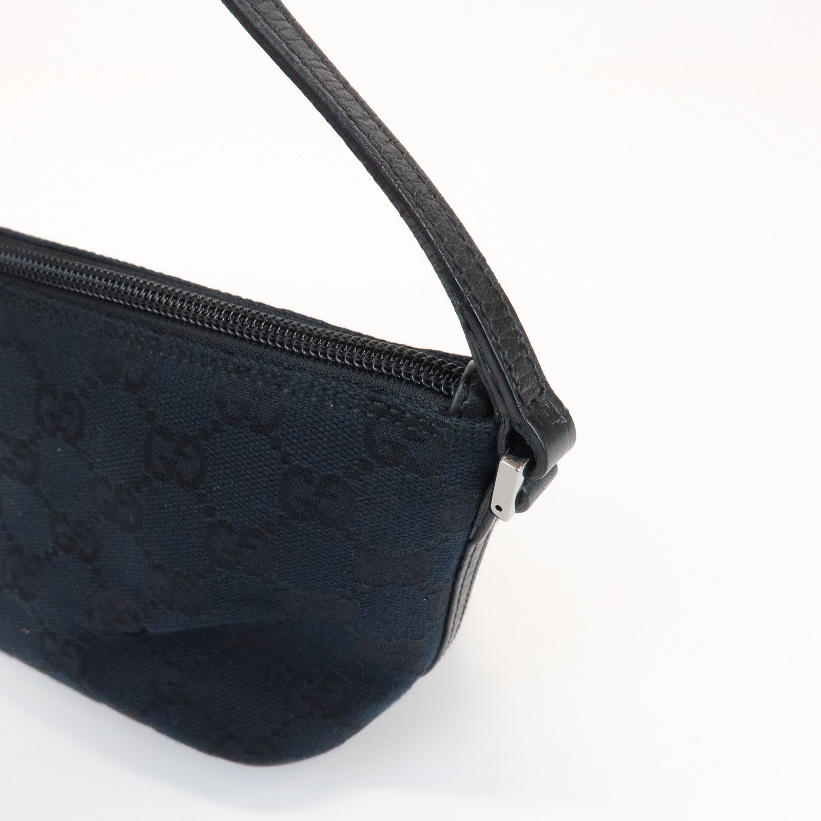 GUCCI Boat Bag GG Canvas Leather Pouch Hand Bag Black 07198