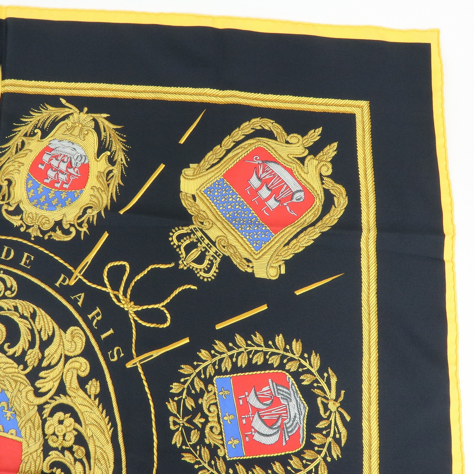 HERMES Carre 90 Silk 100% Les Armes de Paris Scarf Black Yellow Red