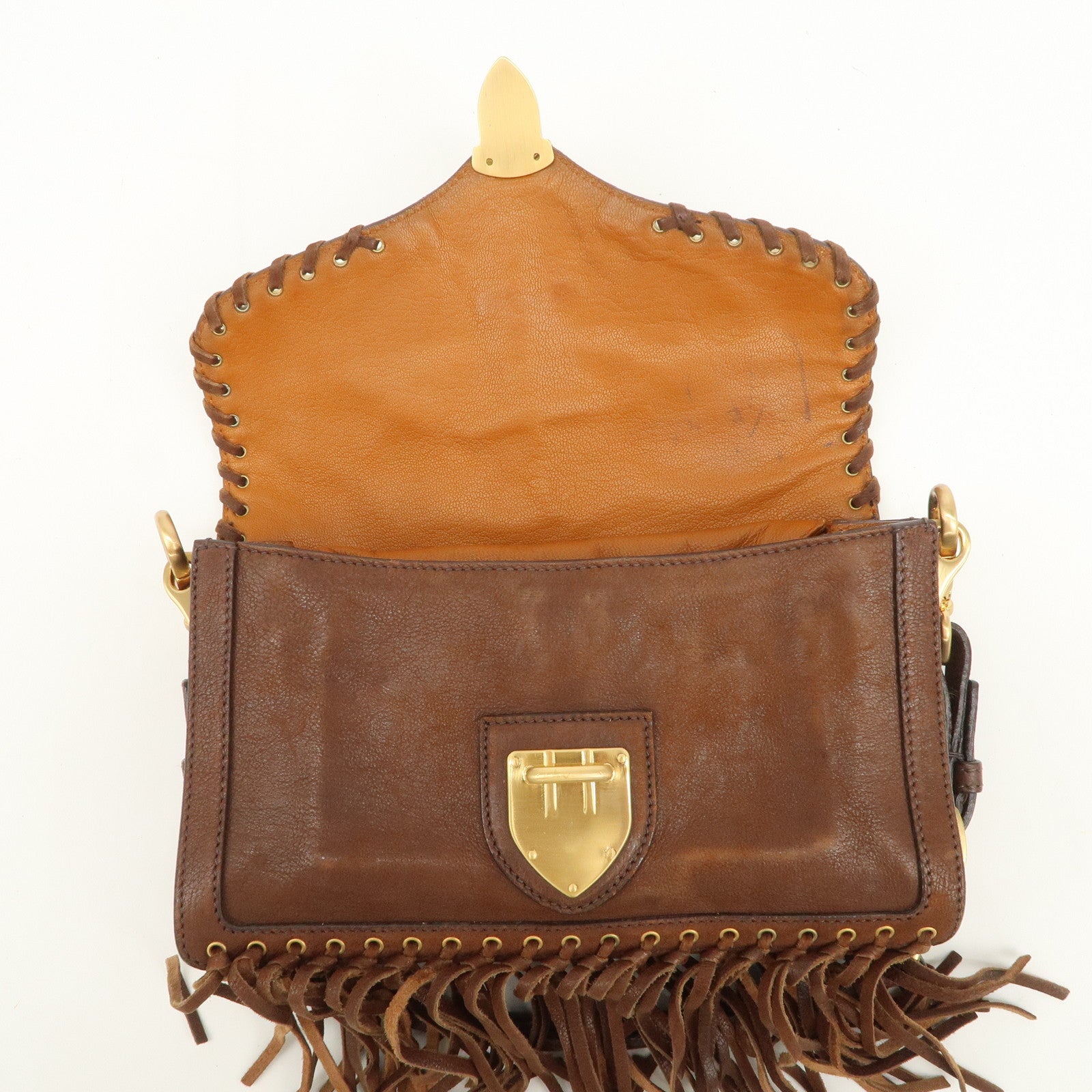 PRADA Fringe Leather 2Way Bag Shoulder Bag Clutch Bag Brown BR3165