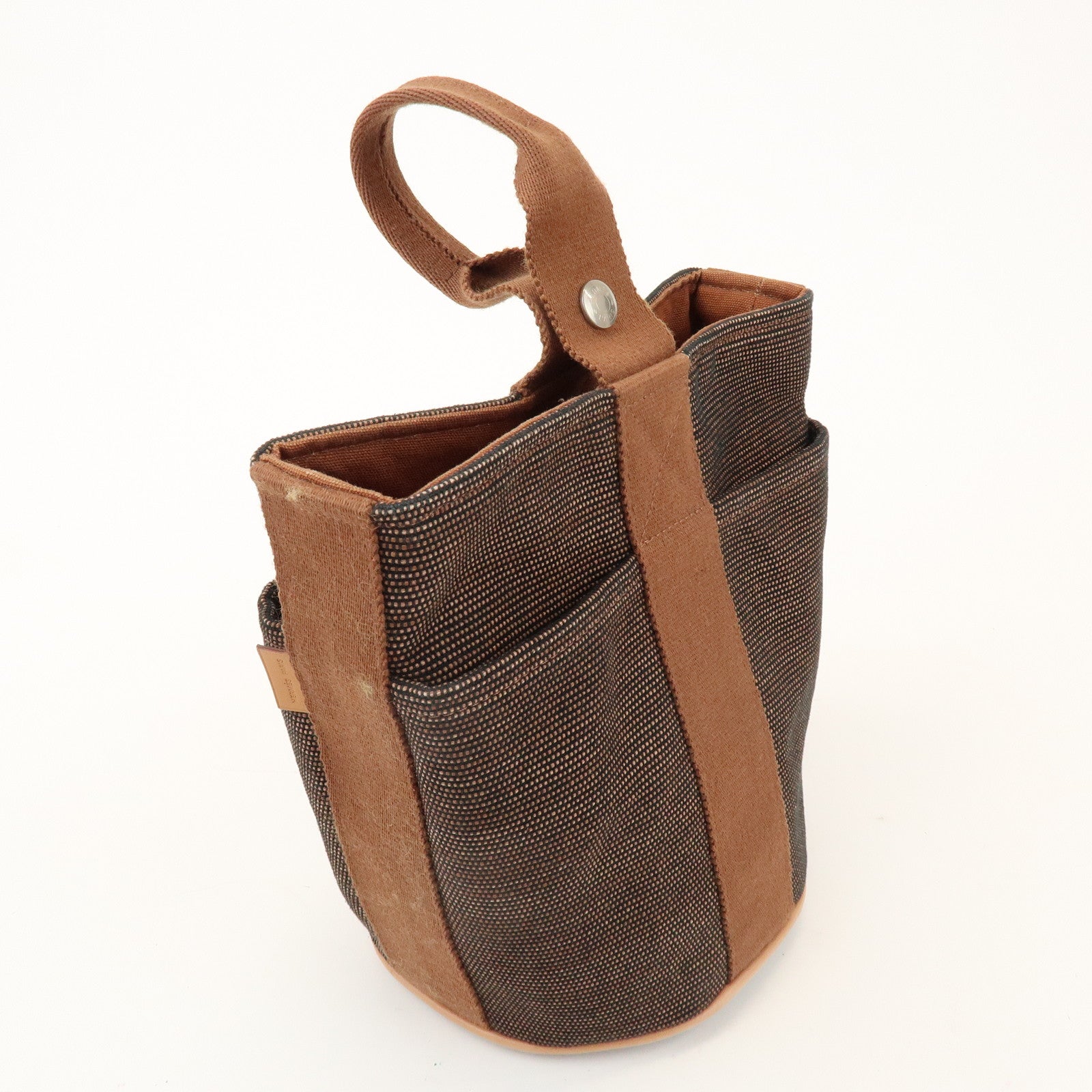HERMES Saxe PM Canvas Leather Hand Bag Bucket Bag Brown