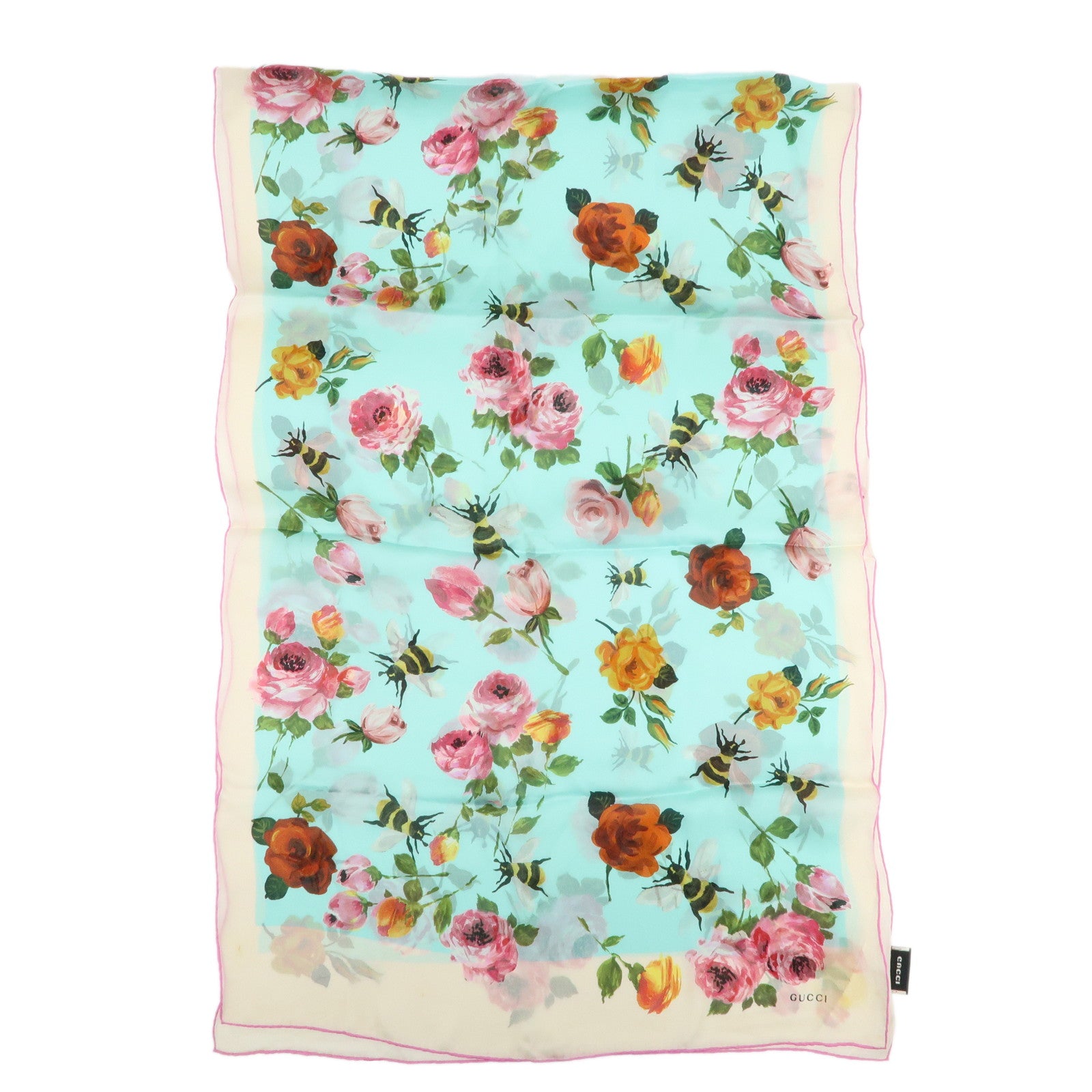 GUCCI Silk 100% 64 ×192 Floral Honey Bee Print Scarf Blue